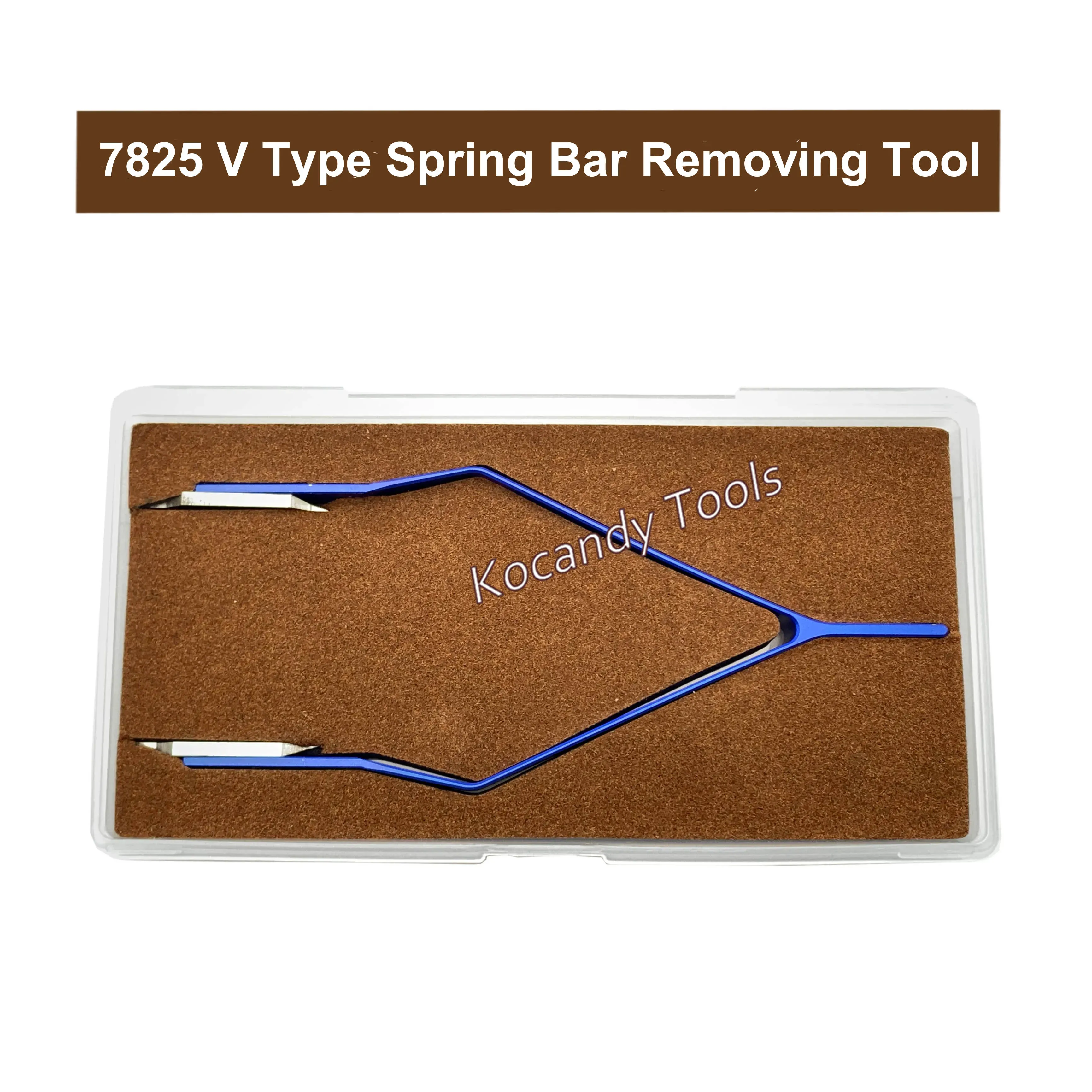 Two blue spring bar remover pliers on a wooden display board