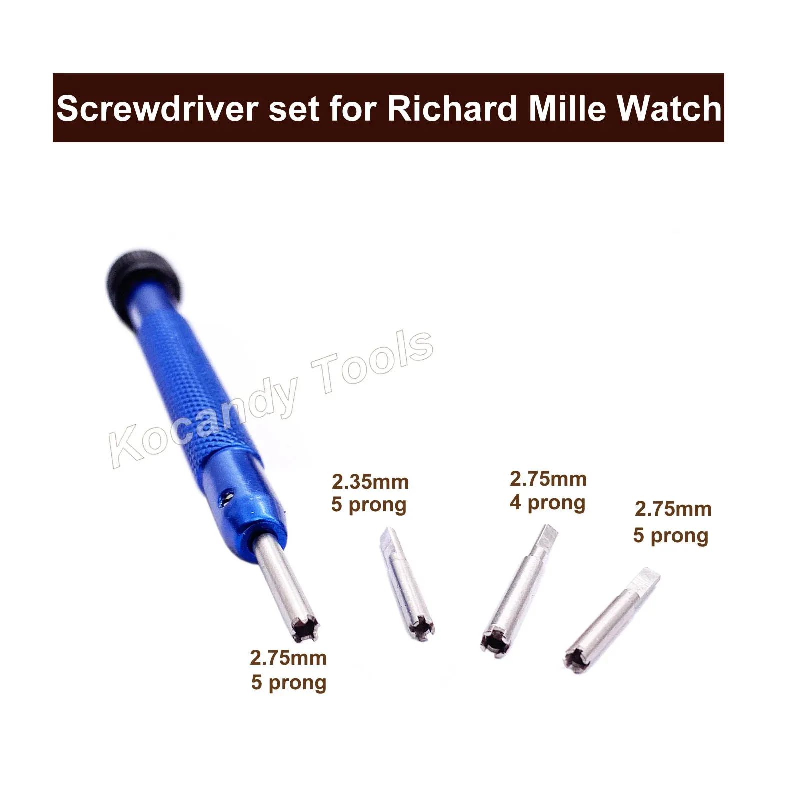 Blue-handled screwdriver with five spare 4-prong and 5-prong tips