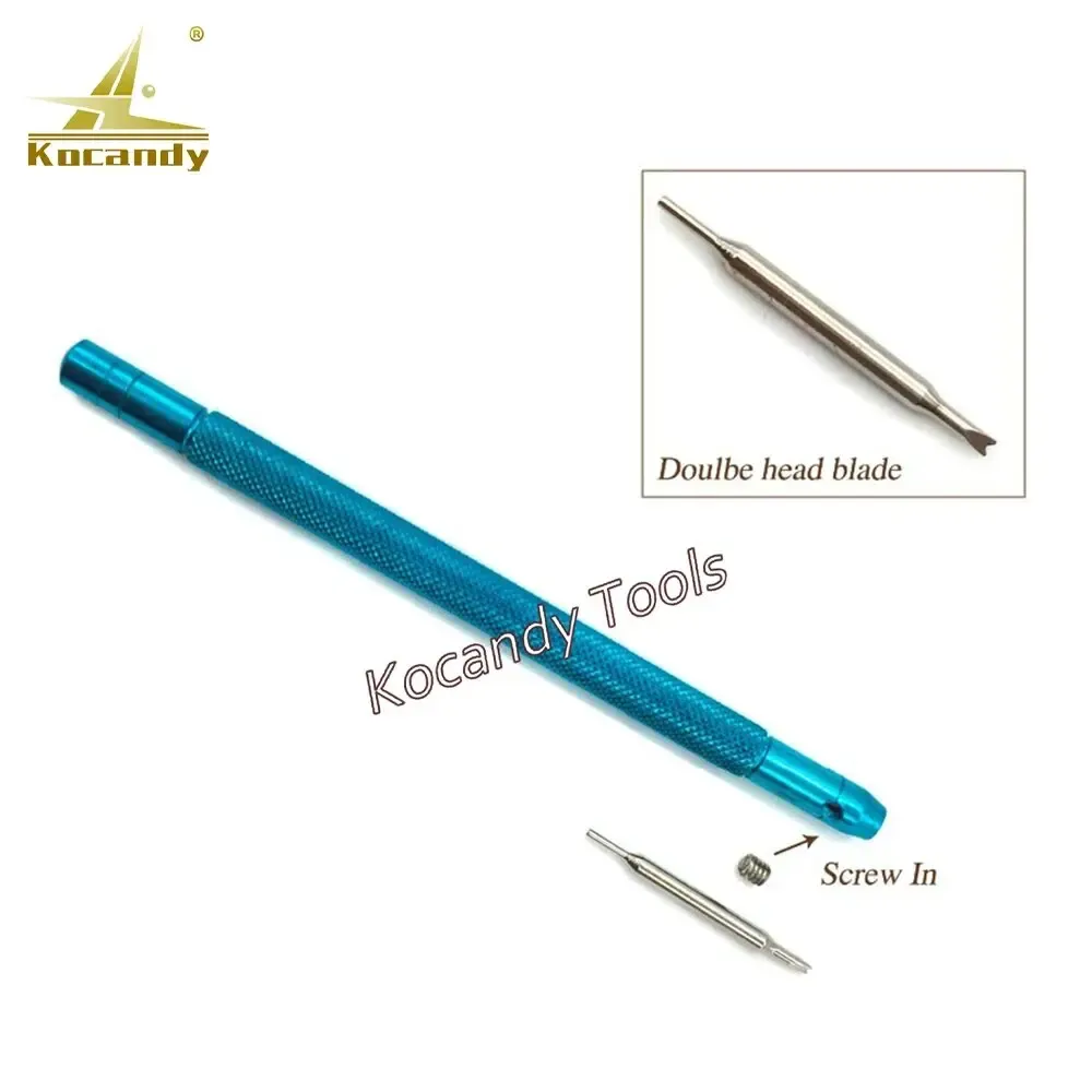 Blue-handled spring bar tool with fork tip and spare blade inset