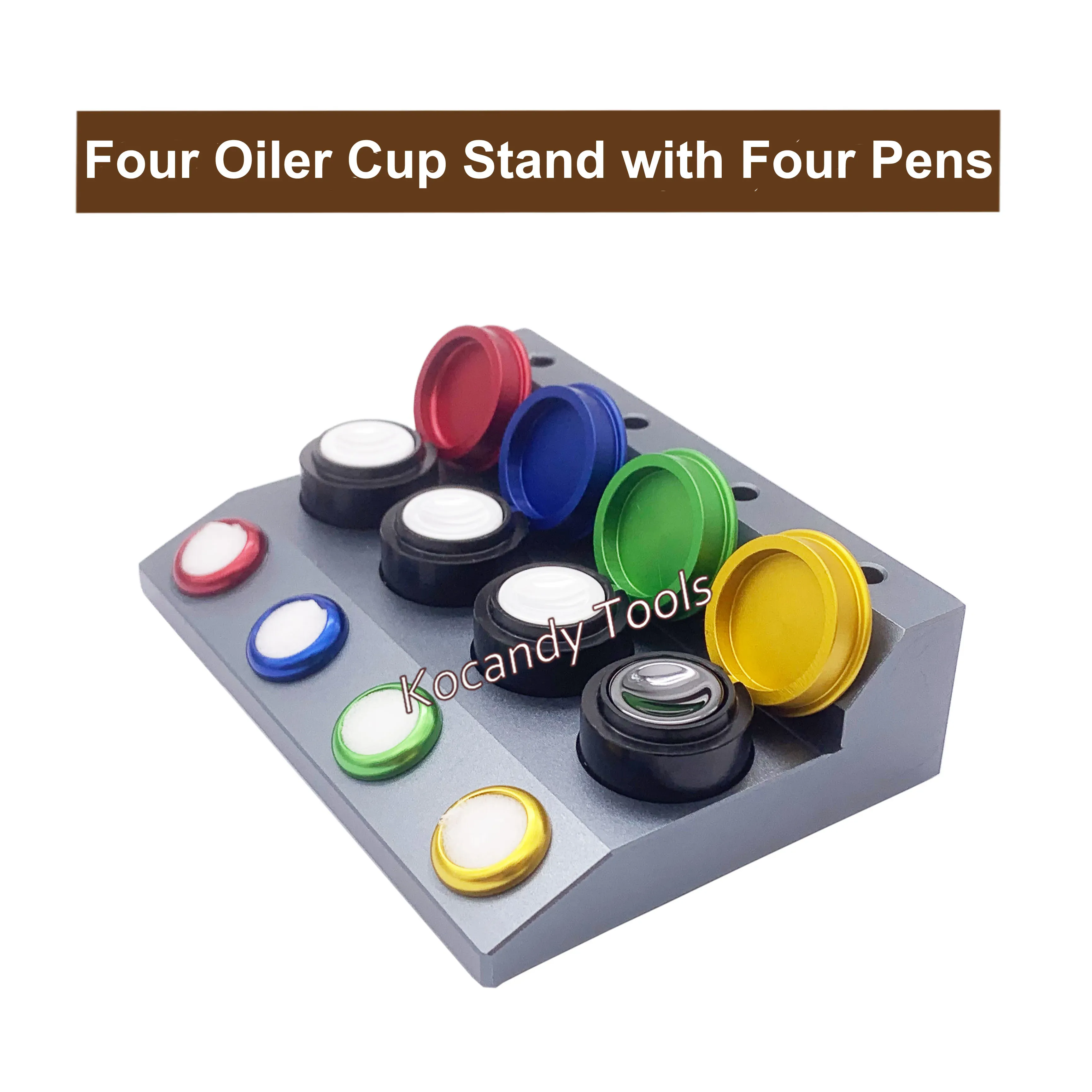 Four-cup die-cast stand with blue, green, yellow and red cups