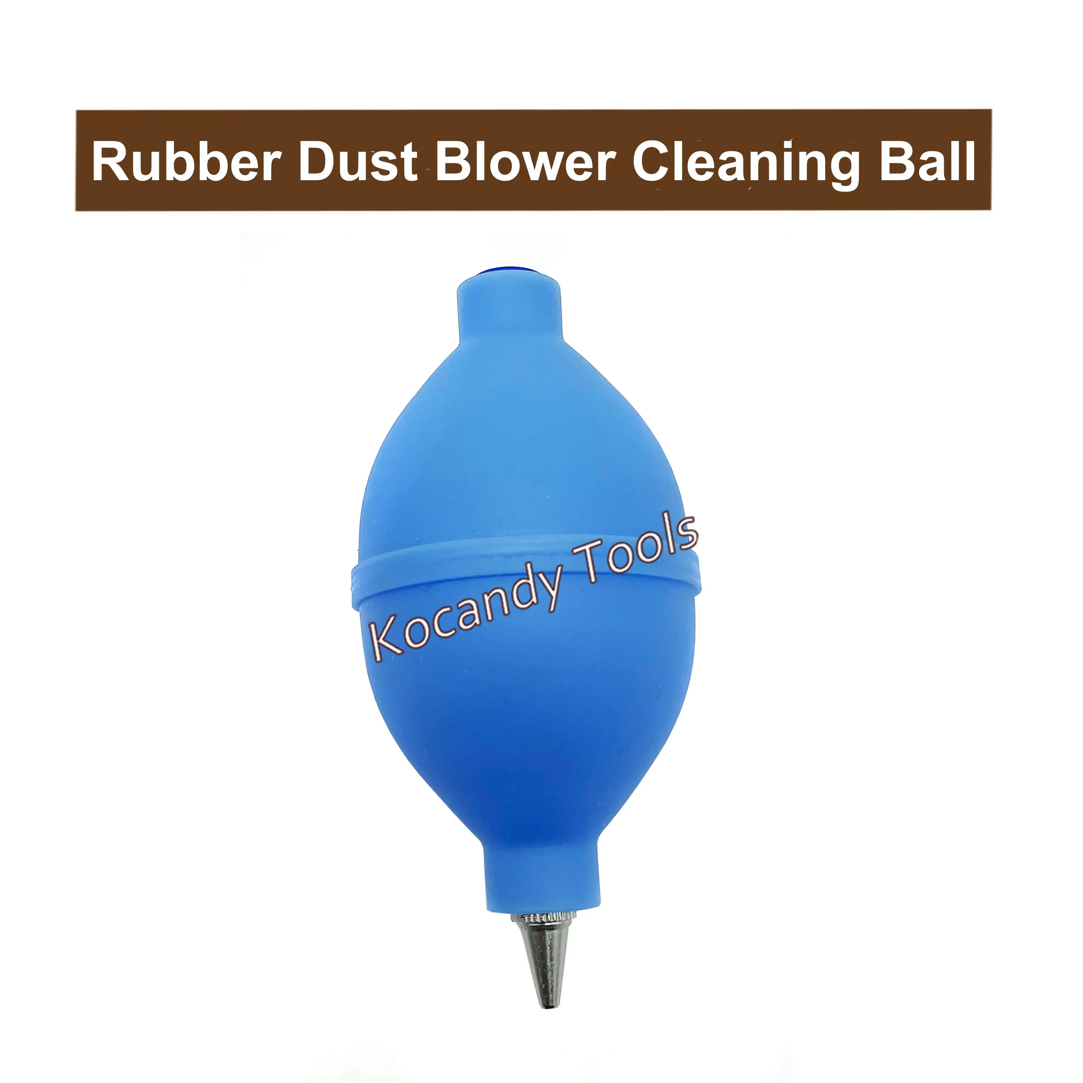 Blue air blower bulb shown upright with a short nozzle