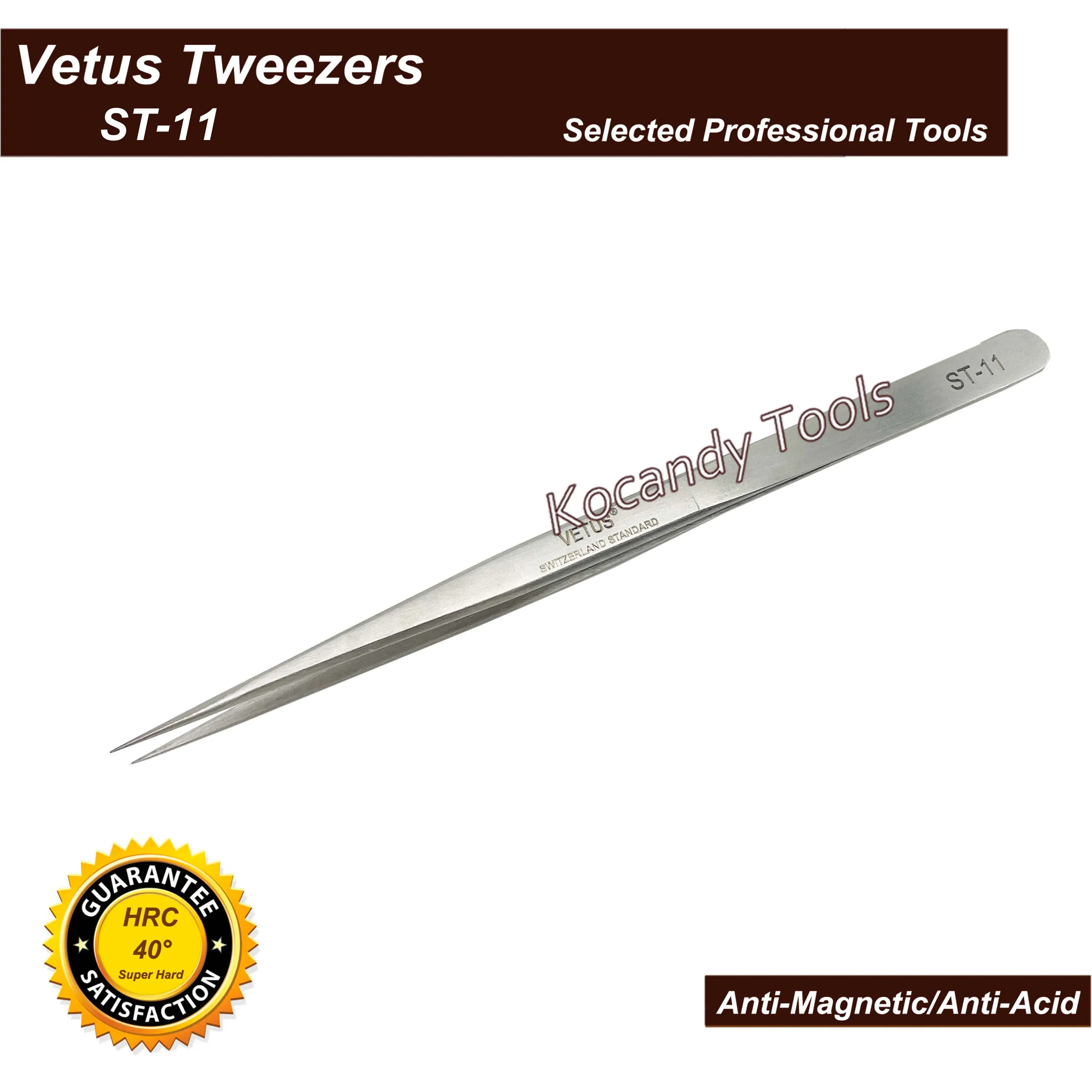 Close-up of ST-11 super fine tip tweezers on white background
