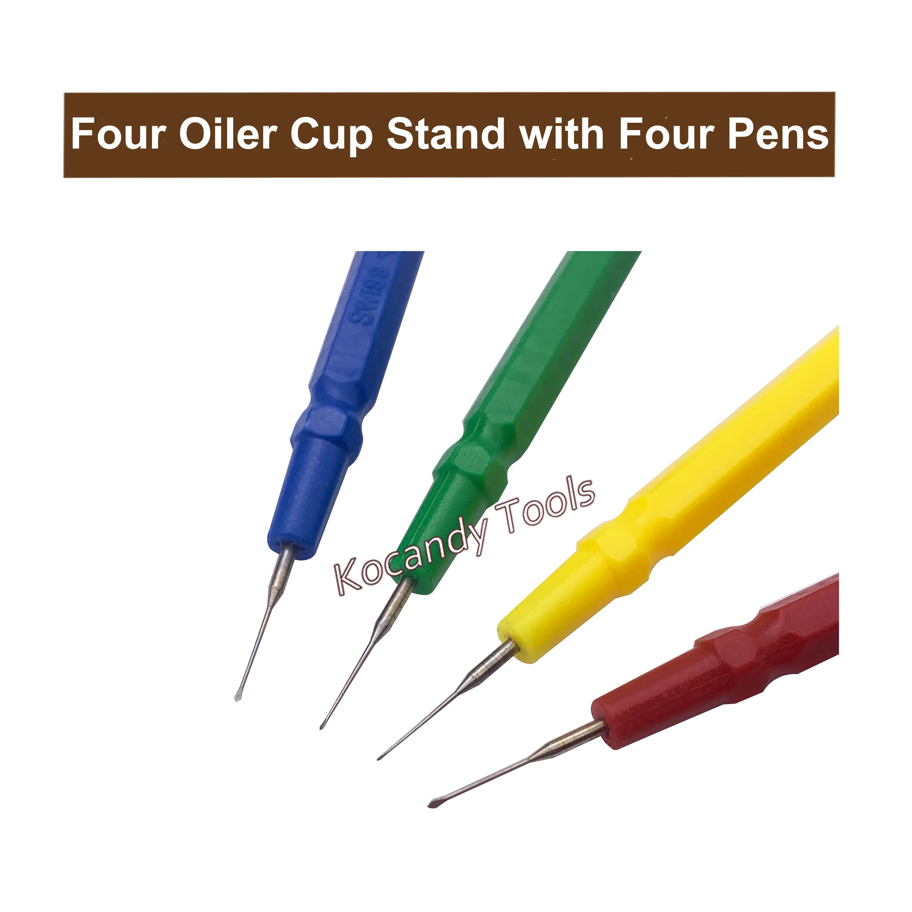 Four colour-coded dip pens with fine tips shown close up