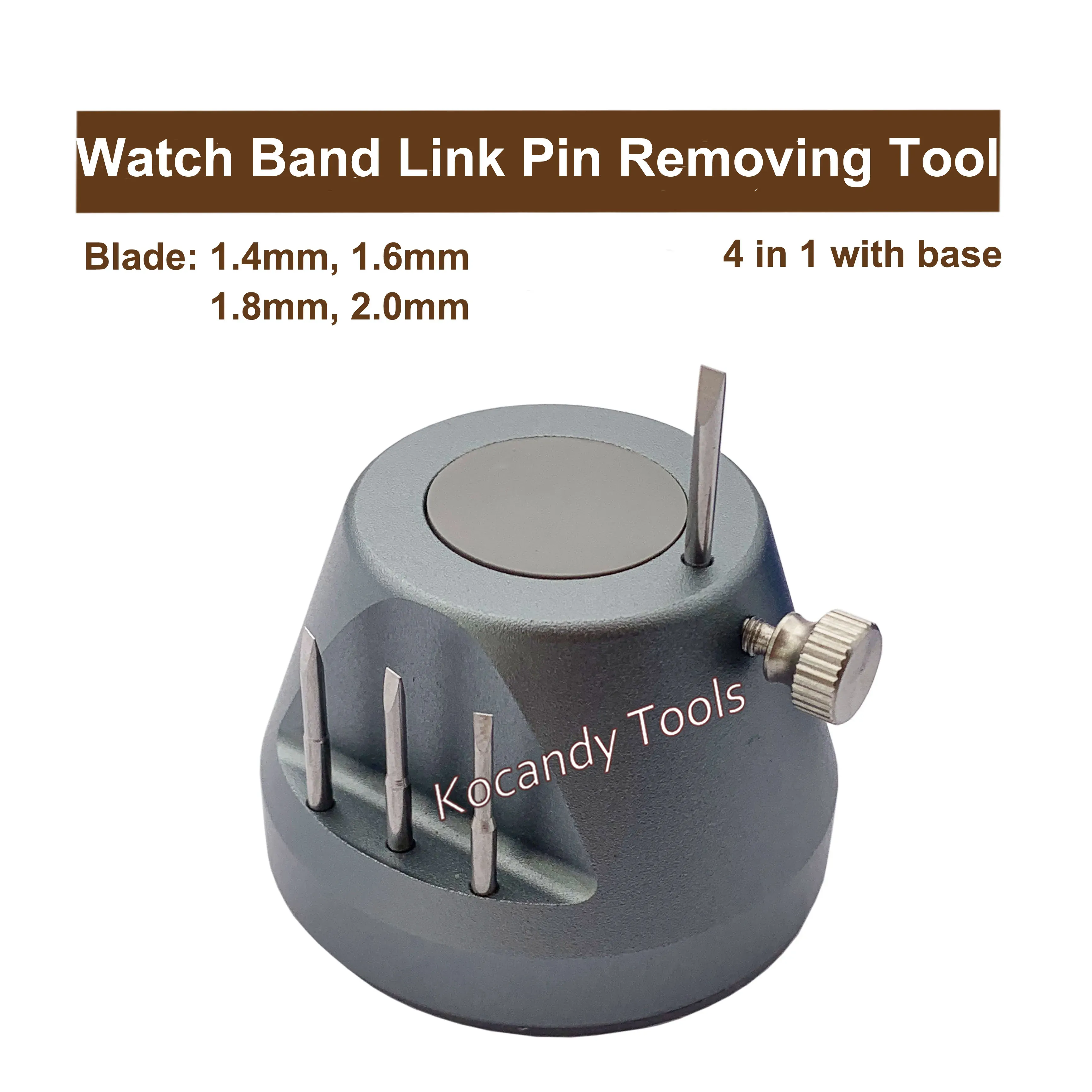 Grey pin remover stand with a link pin pushed into the tool