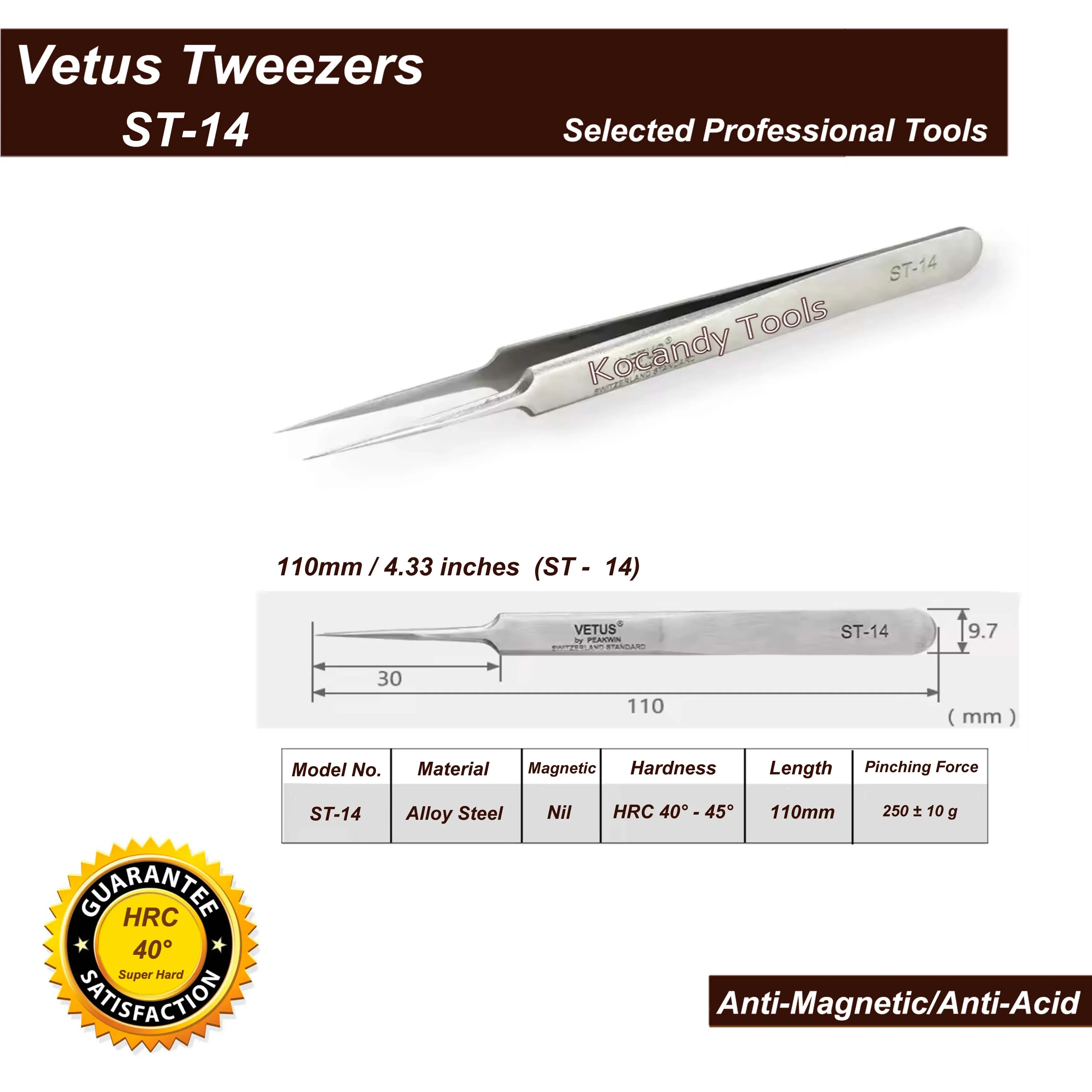 ST-14 tweezers shown above a tweezer model chart