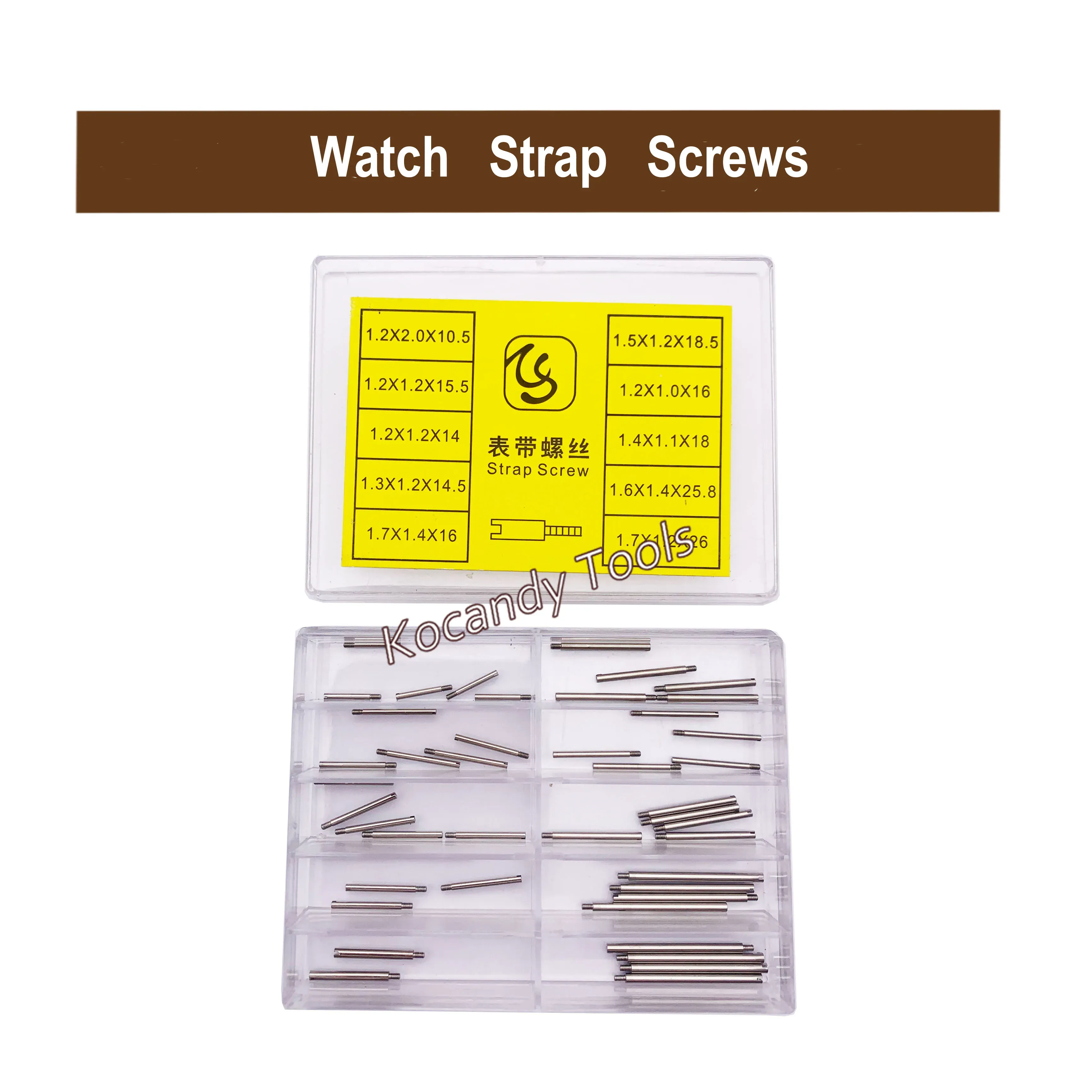 Yellow retail card packaging beside a clear compartment box of screw link pins