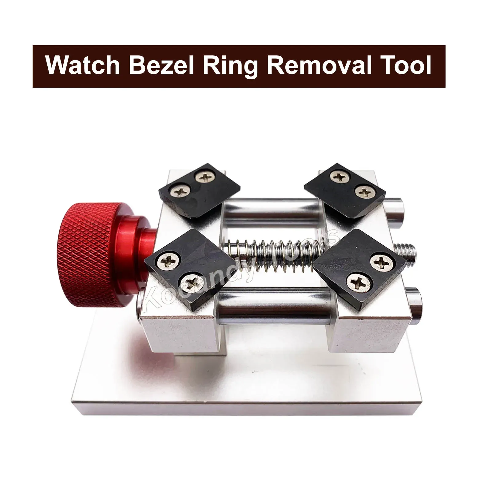 Bezel remover with red knob, square blades and a mounting base