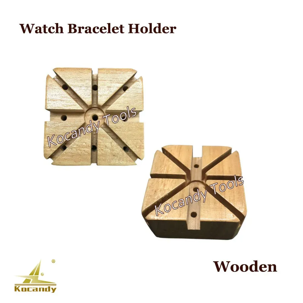 Two wooden band holder blocks with diagonal slots, one smaller