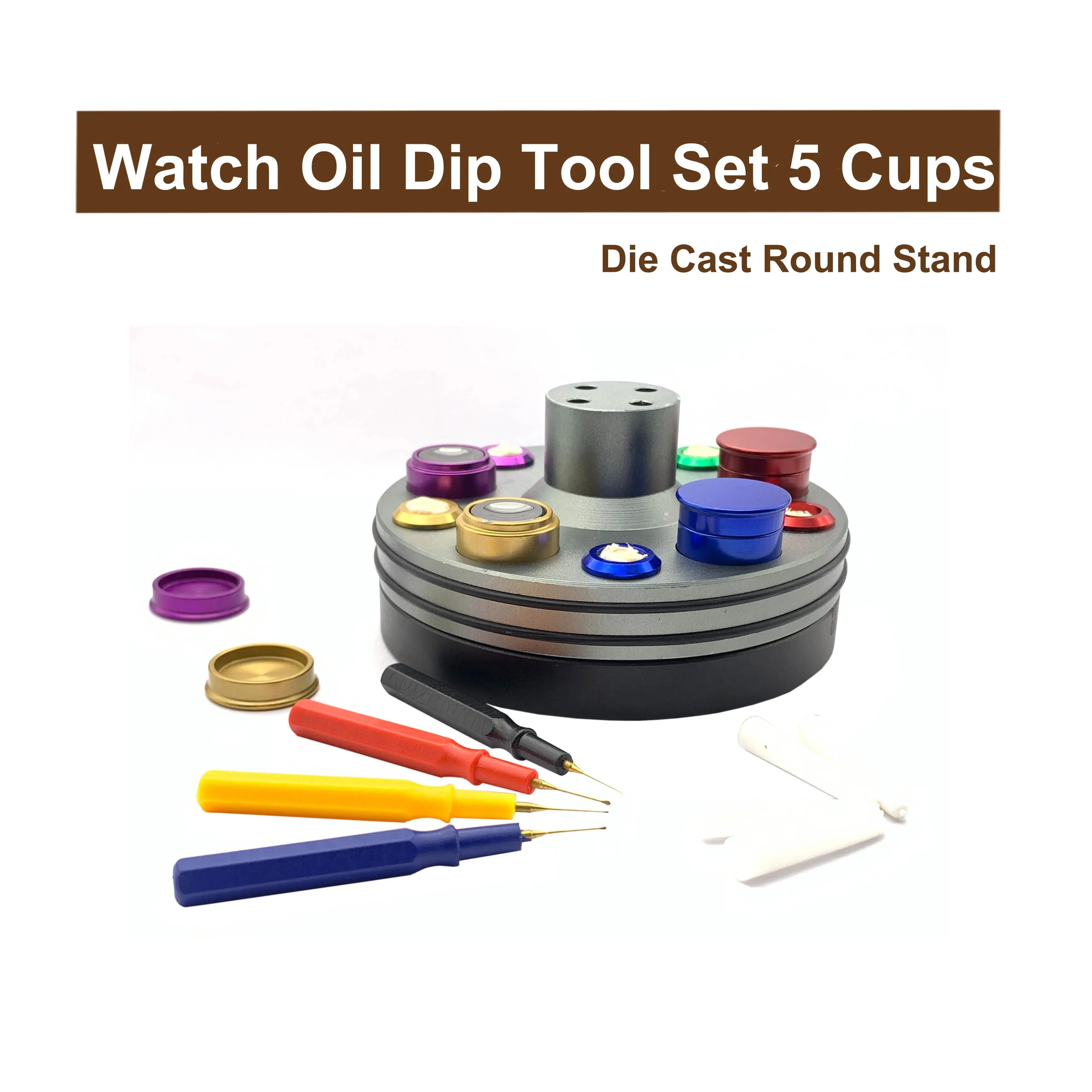 Die-cast stand with oil cups and four dip pens with coloured tips
