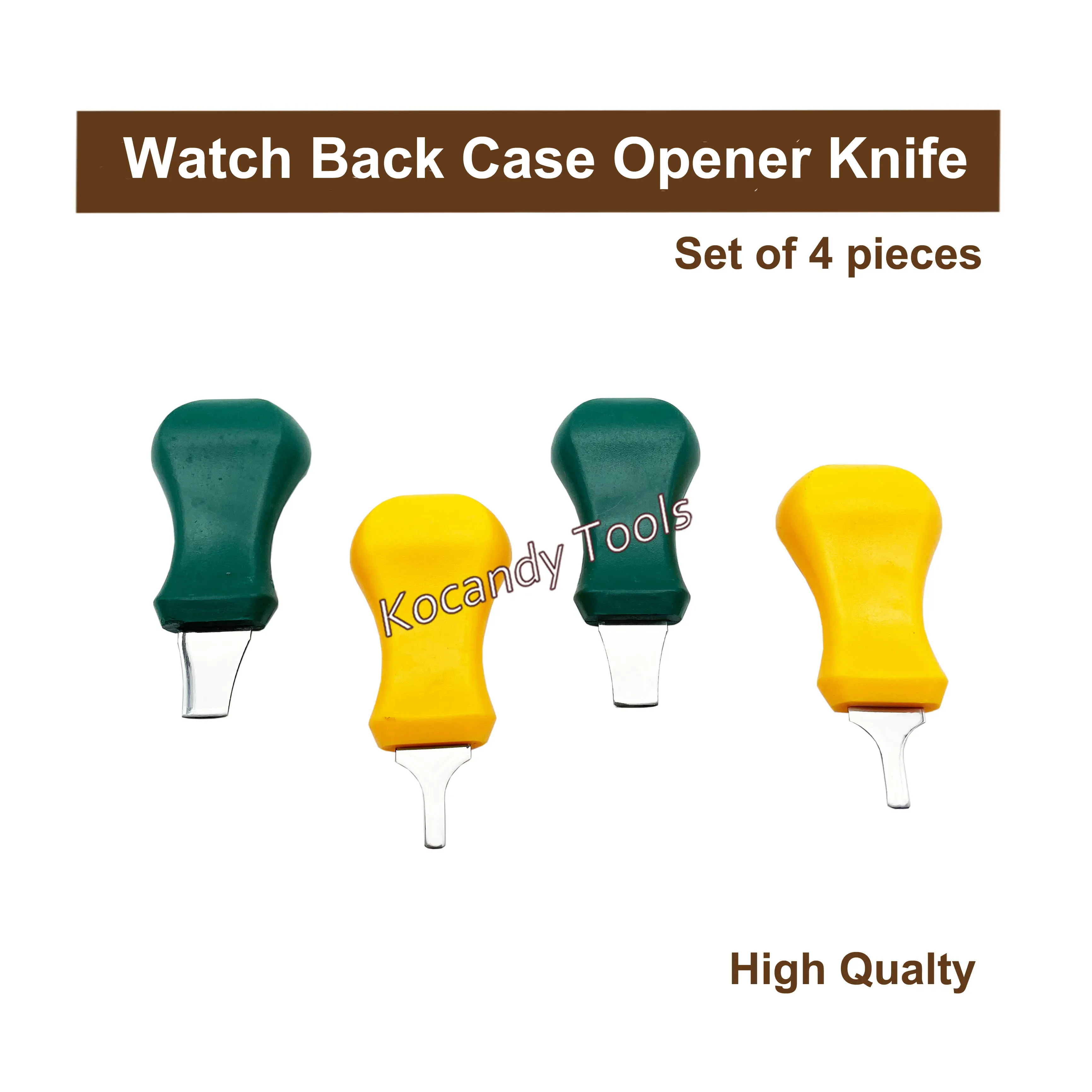 Three watch case opener knives with yellow and green handles standing