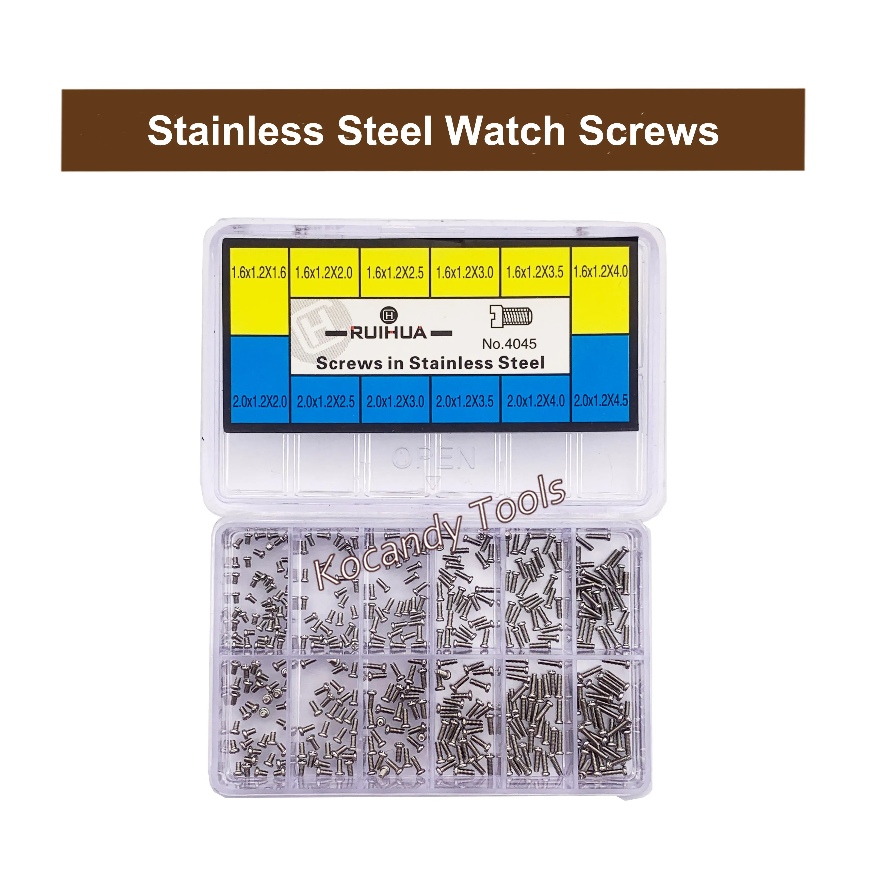 Yellow retail box of assorted stainless steel watch screws in 12 sizes