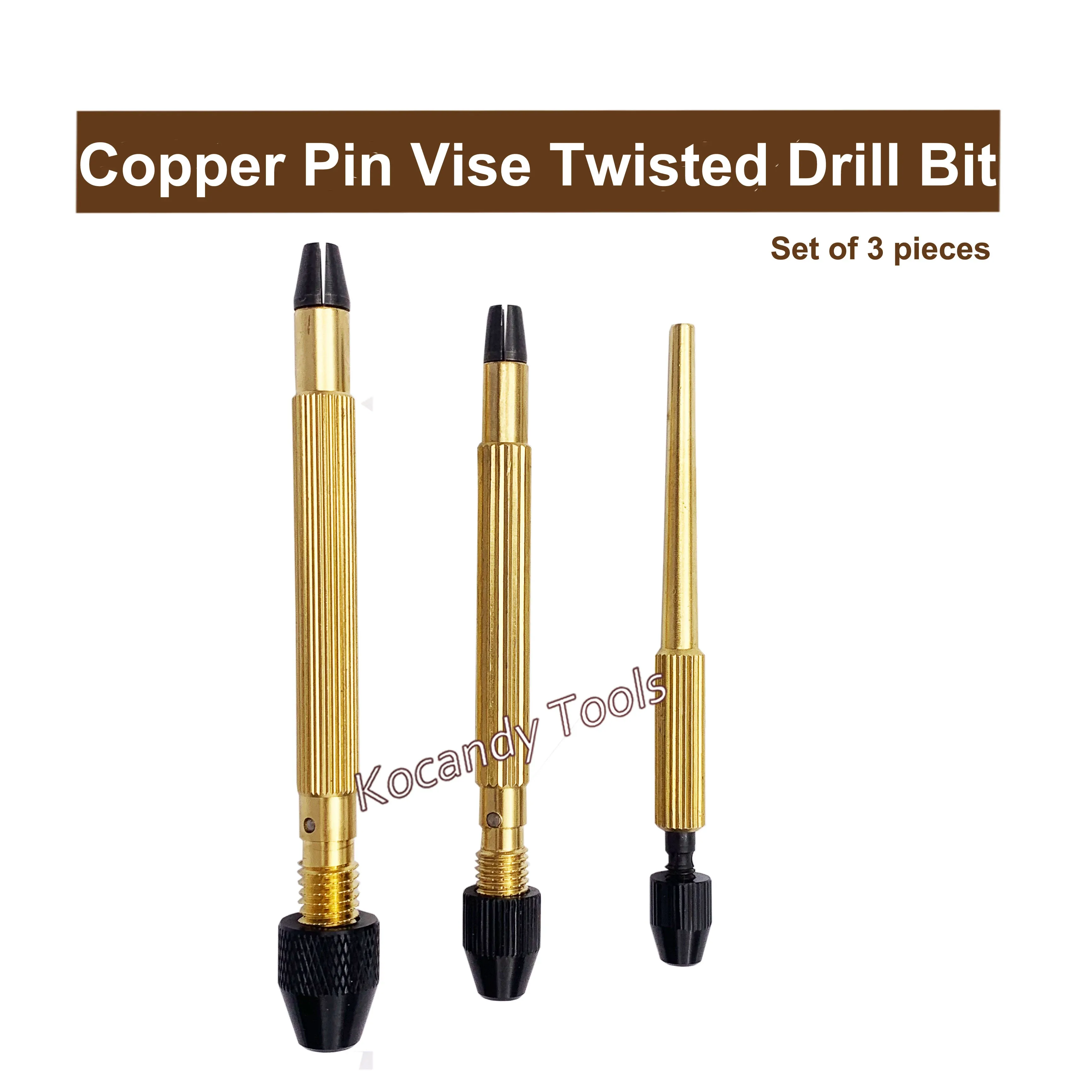 Three copper pin vises with black tips standing upright
