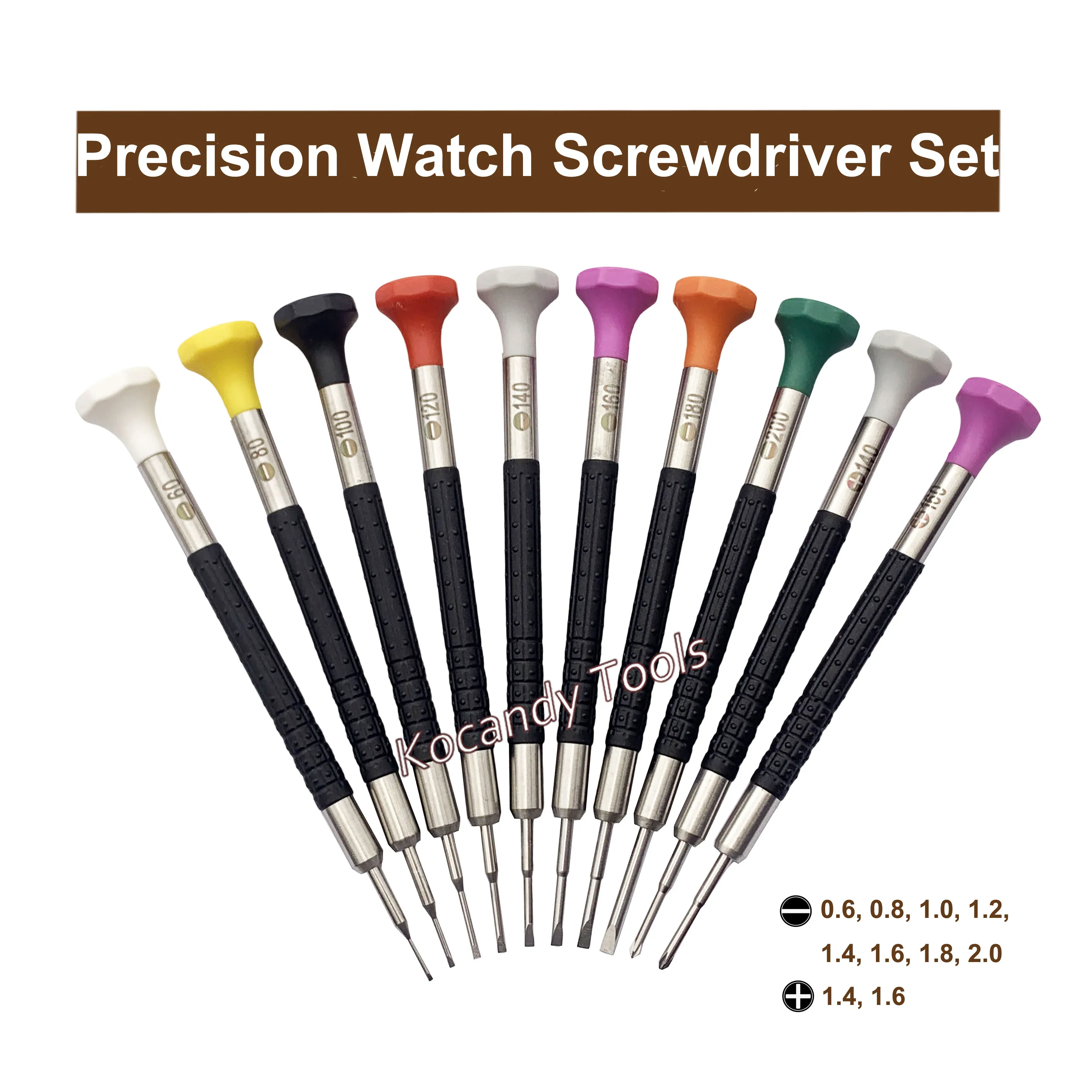 Ten watch screwdrivers with colour-coded caps fanned on white
