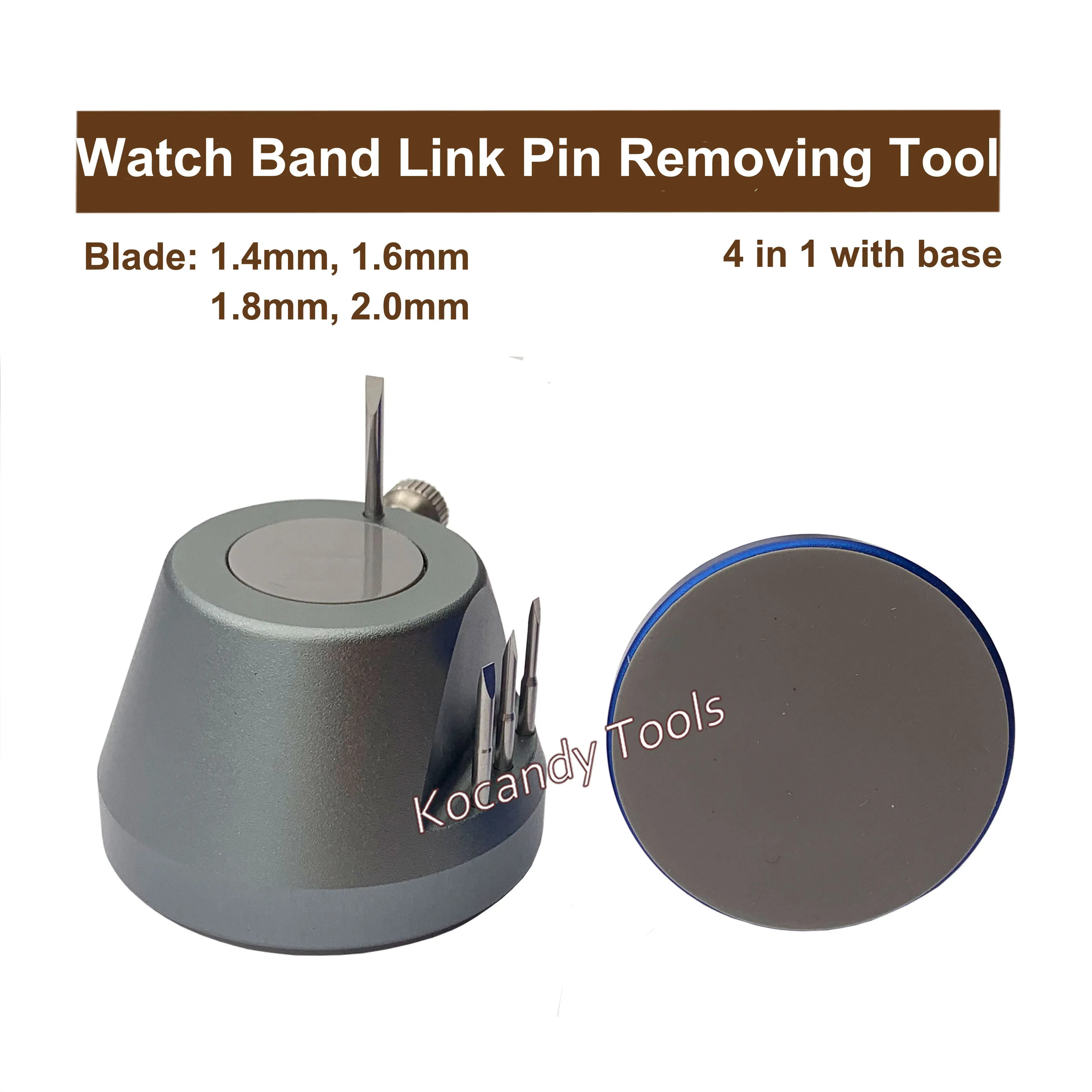 Grey link pin remover with round base cap and spare tips