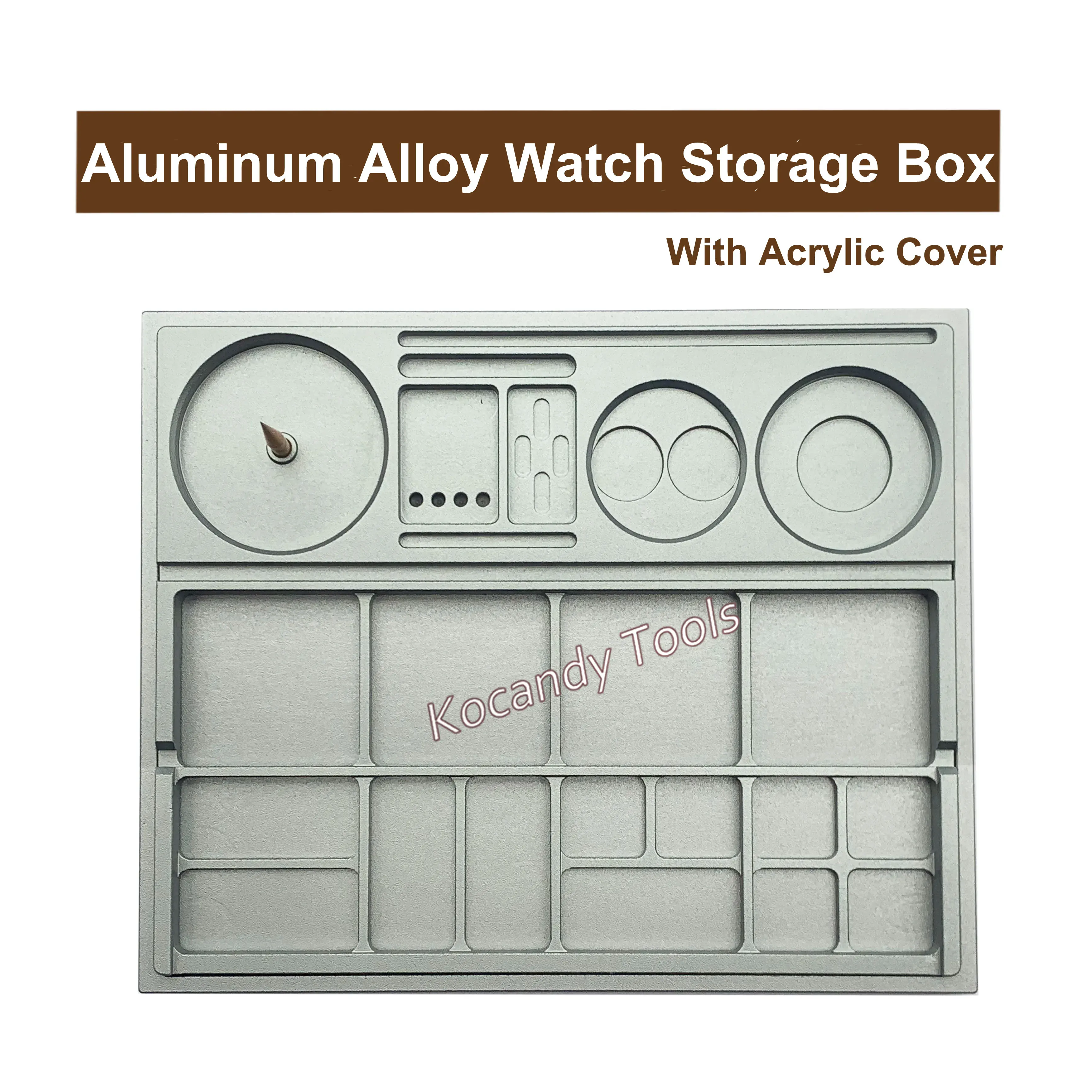 Storage box with round compartments and a transparent acrylic cover
