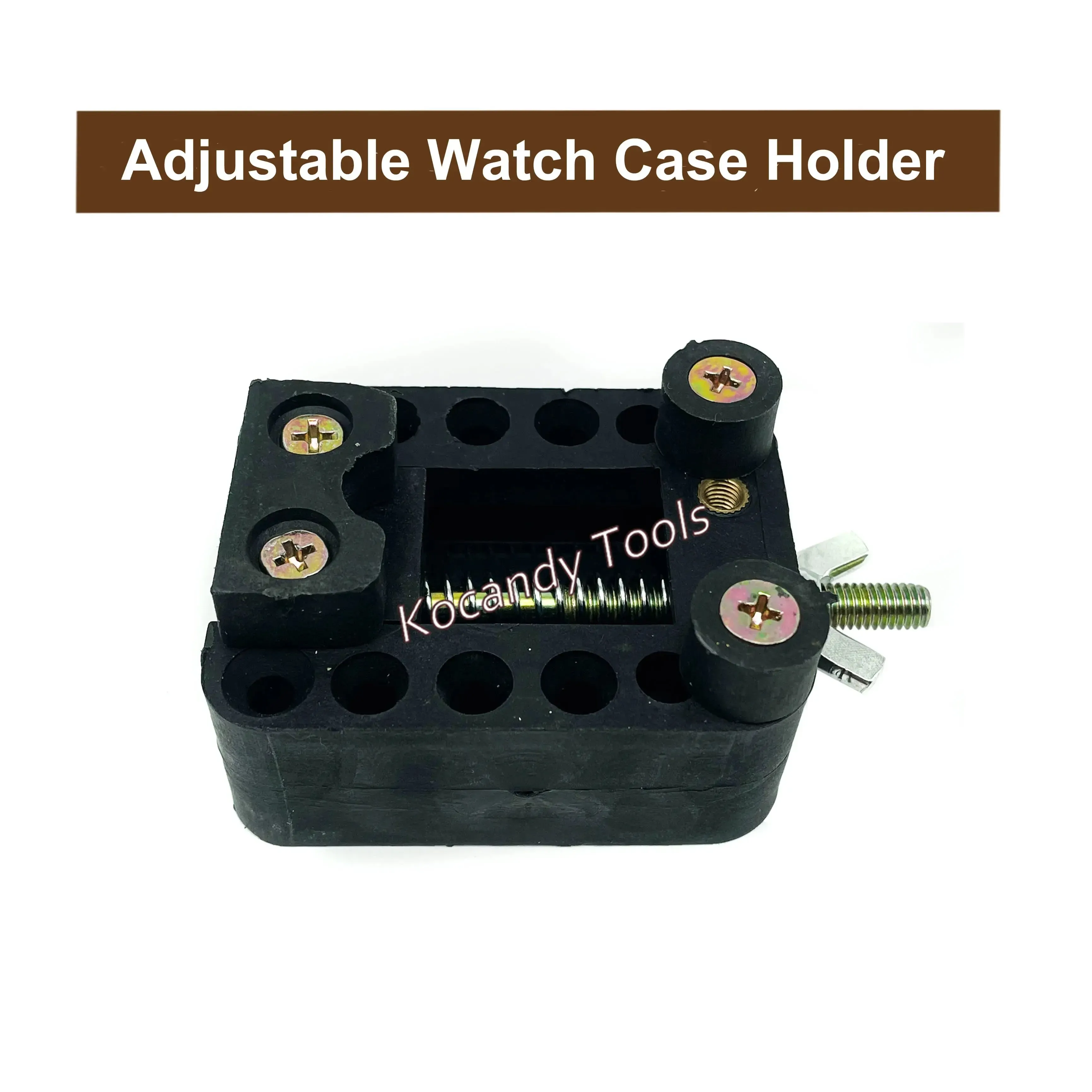 Black adjustable watch case holder with green adjustment knobs