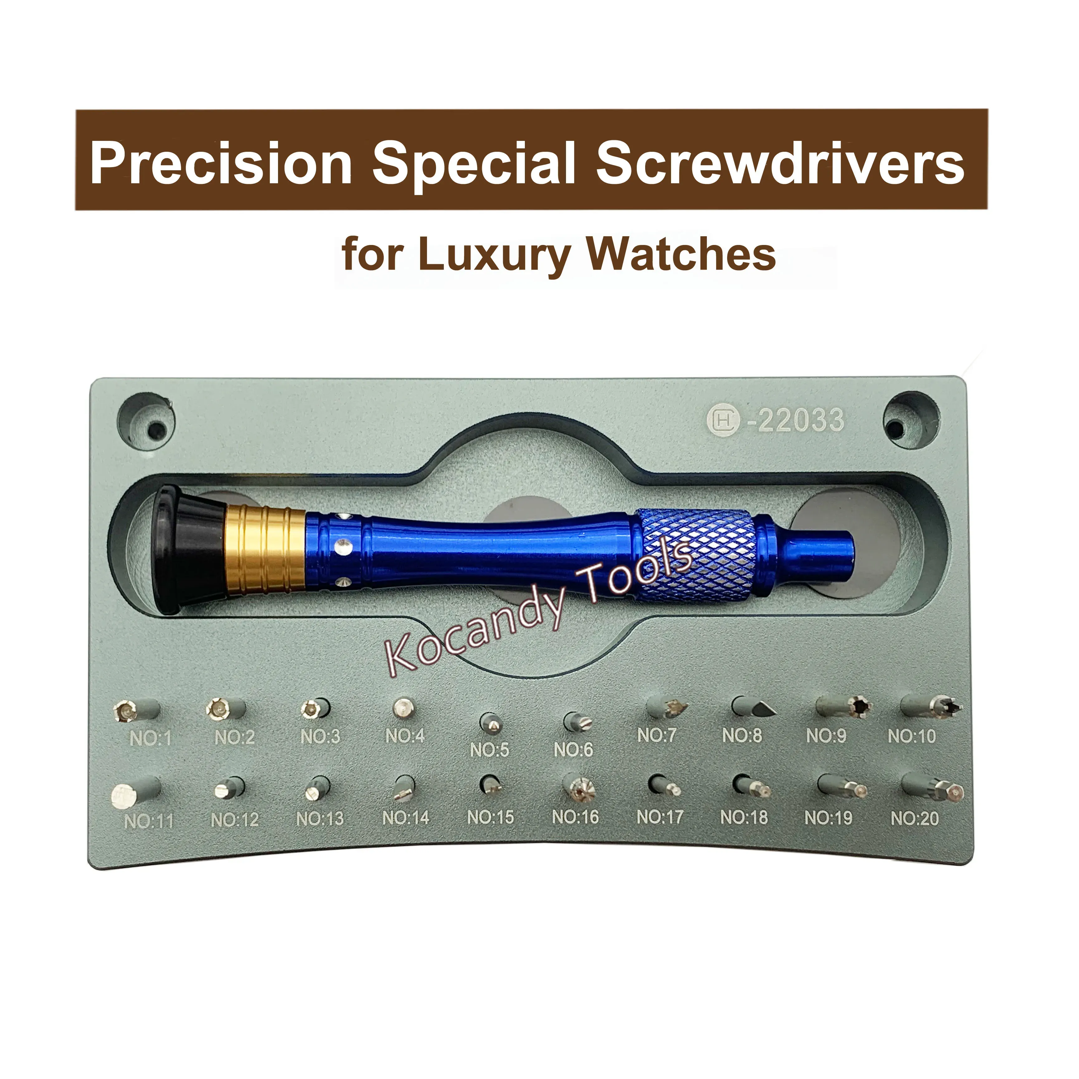 Grey-handled watch screwdriver in an open grey case with spare tips