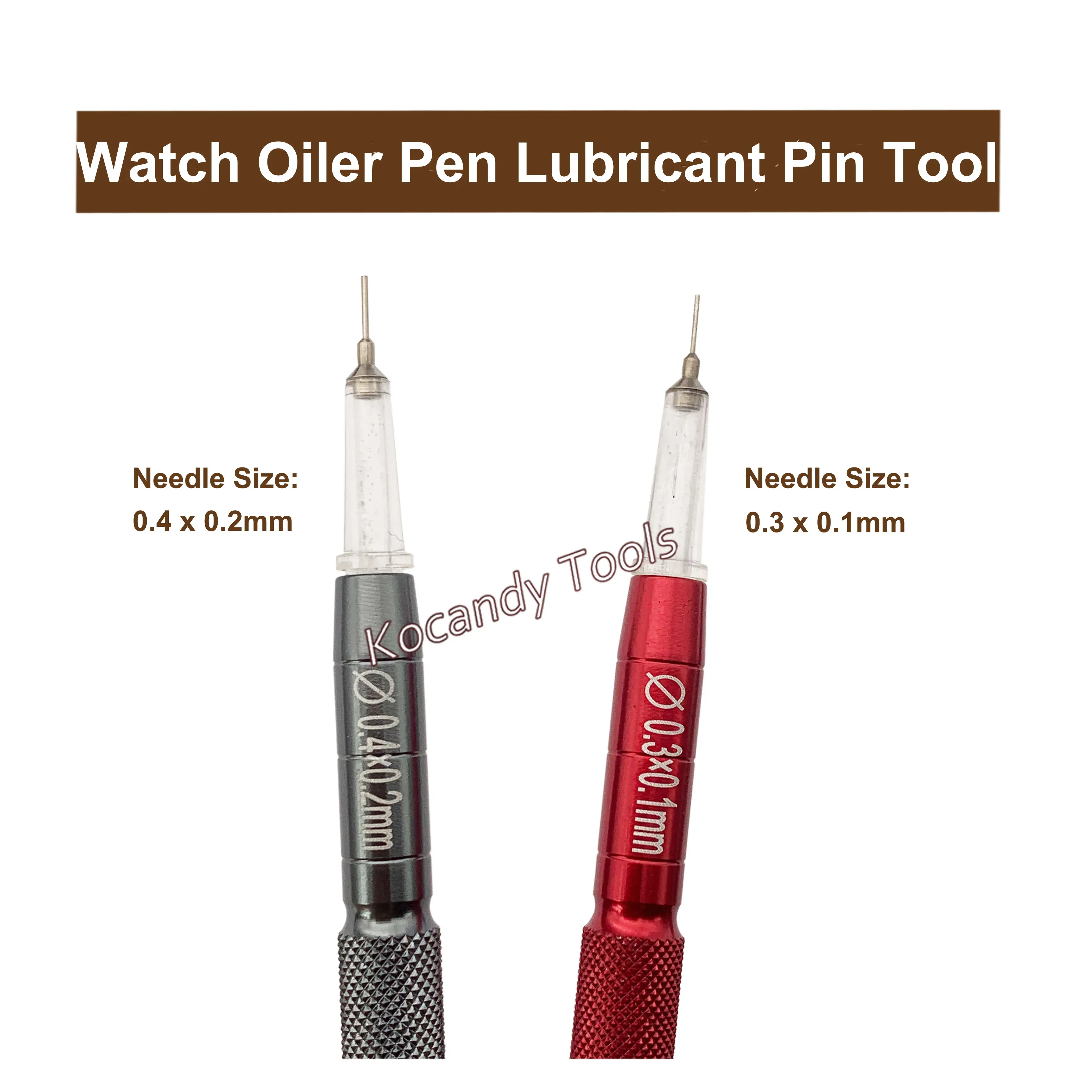 Close-up of two oiler pen tips marked 0.2x0.5 mm and 0.3x0.5 mm