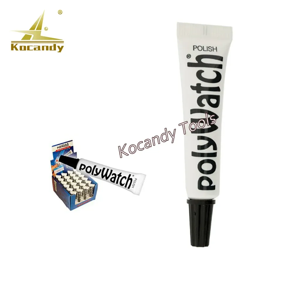 Polywatch polish tube, small sachet and a wristwatch on white