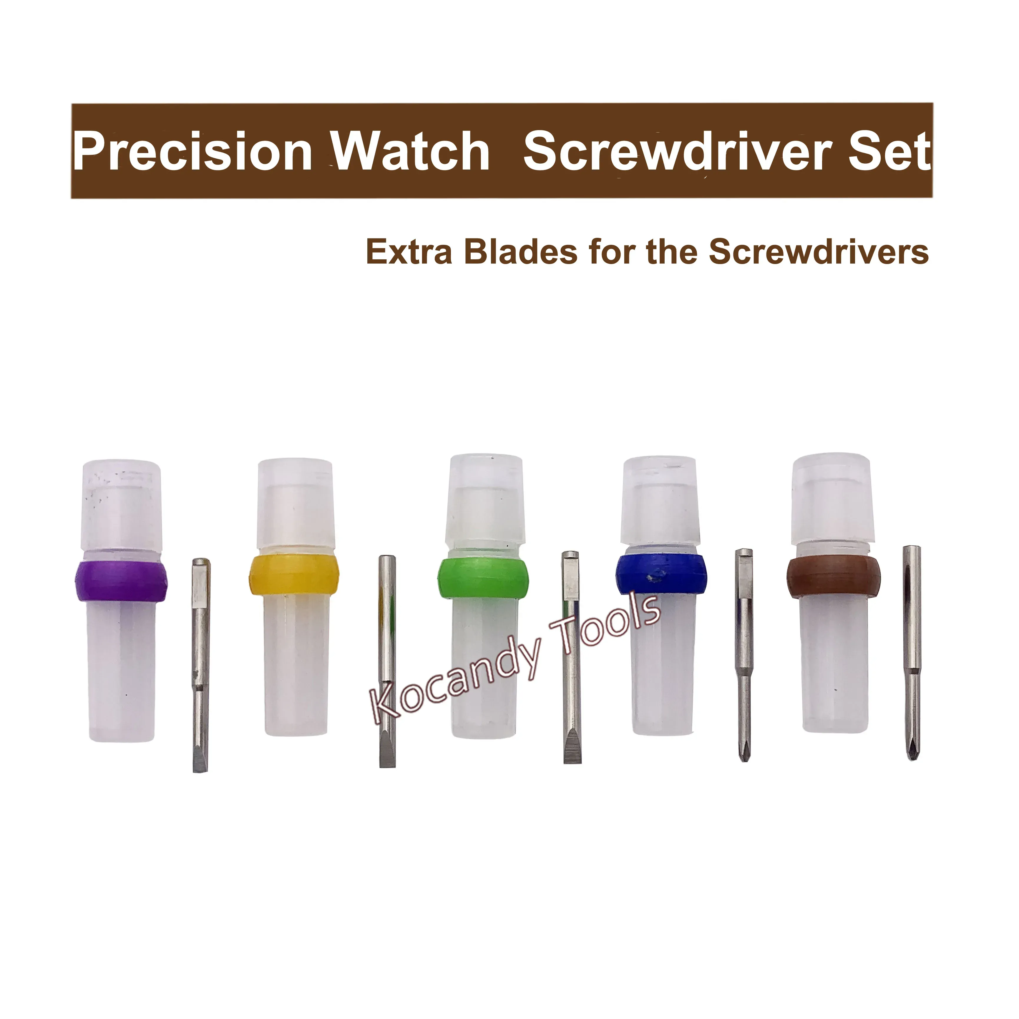 Spare screwdriver blades with colour bands and tip size label