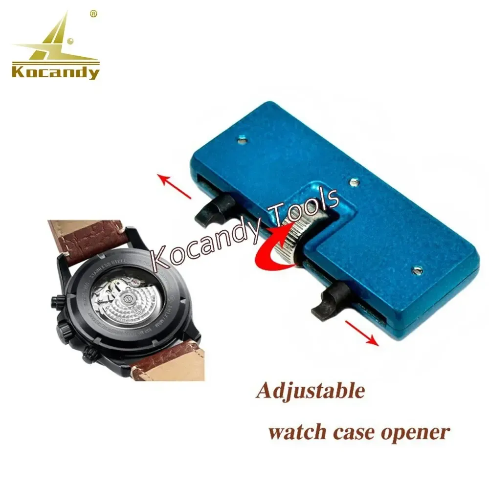 Blue rectangular watch case opener clamped onto a watch, adjustable