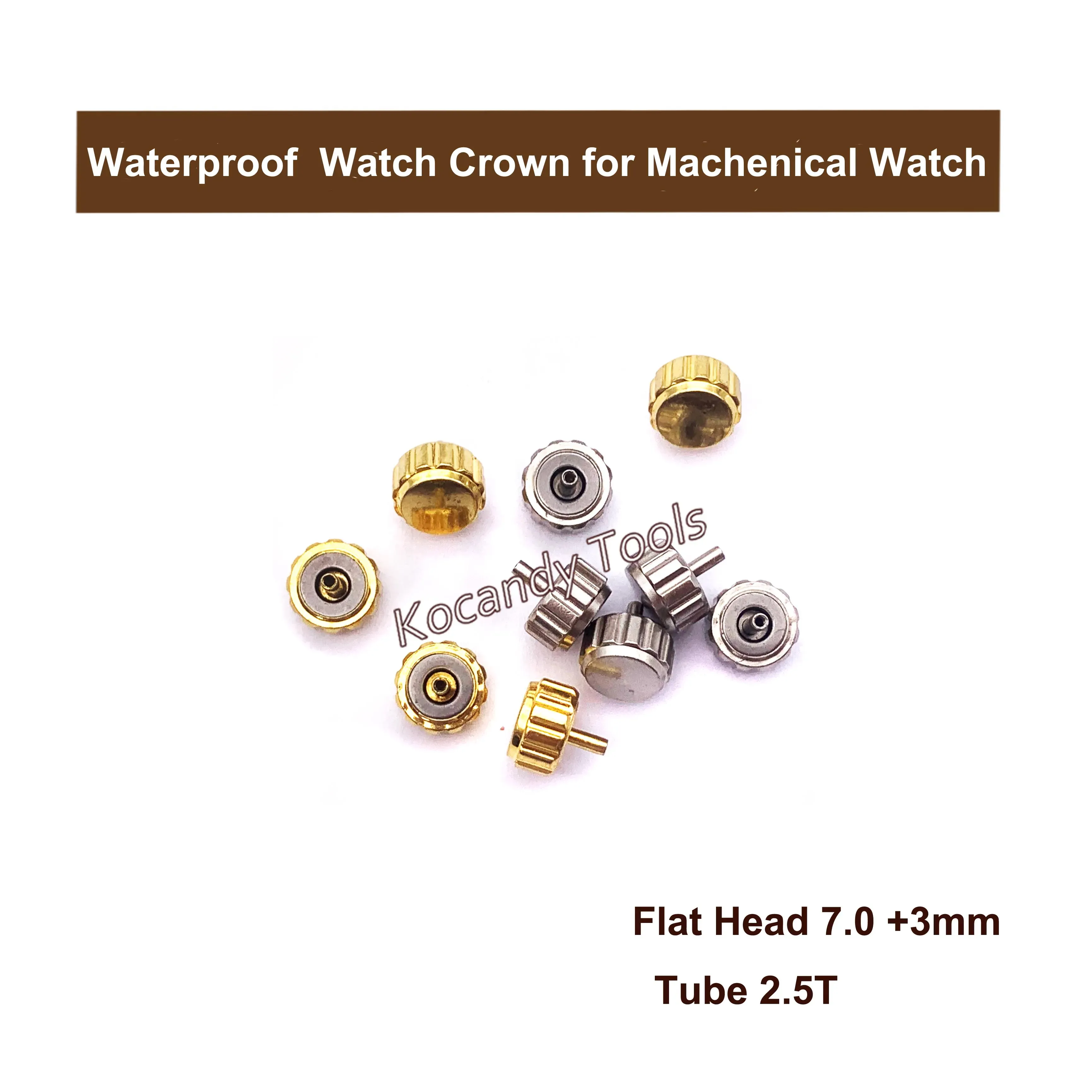 Gold and silver flat head crowns 7.6x3 mm with tube 2.5T