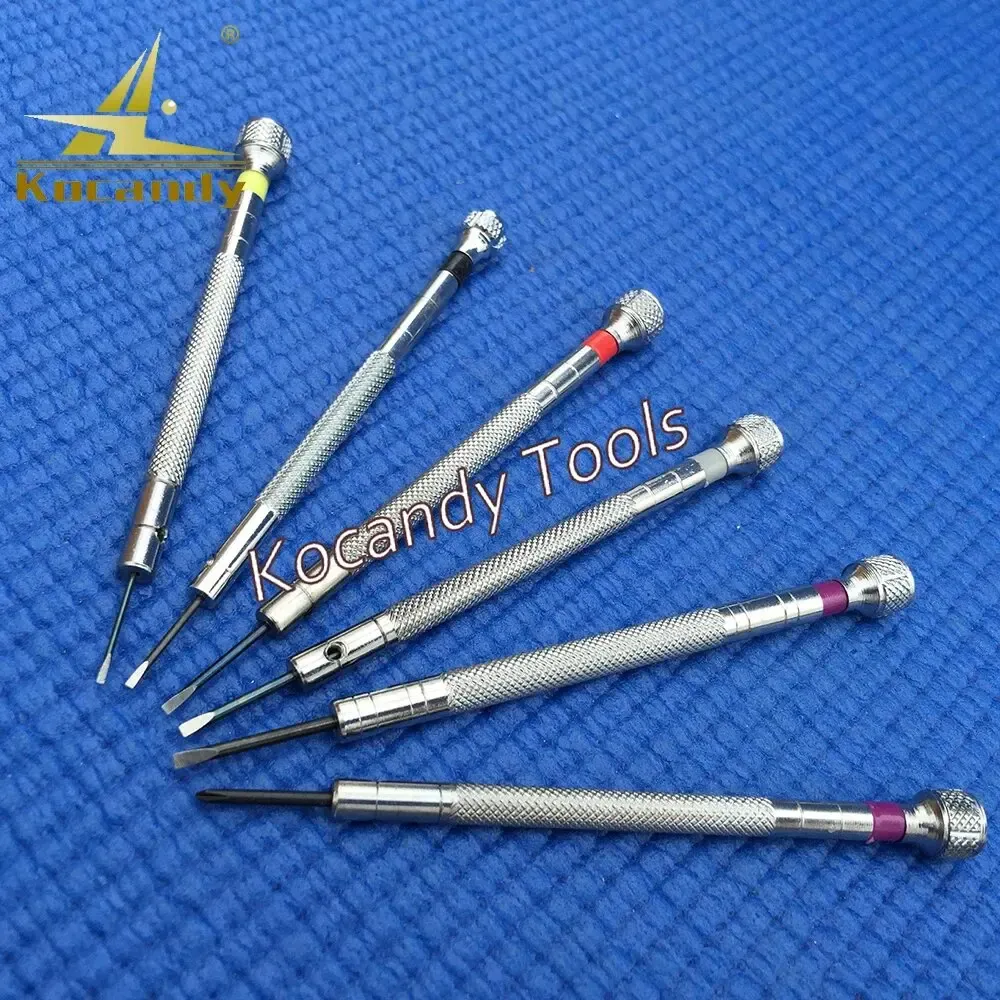 Six precision screwdrivers with silver handles fanned on a blue textured background
