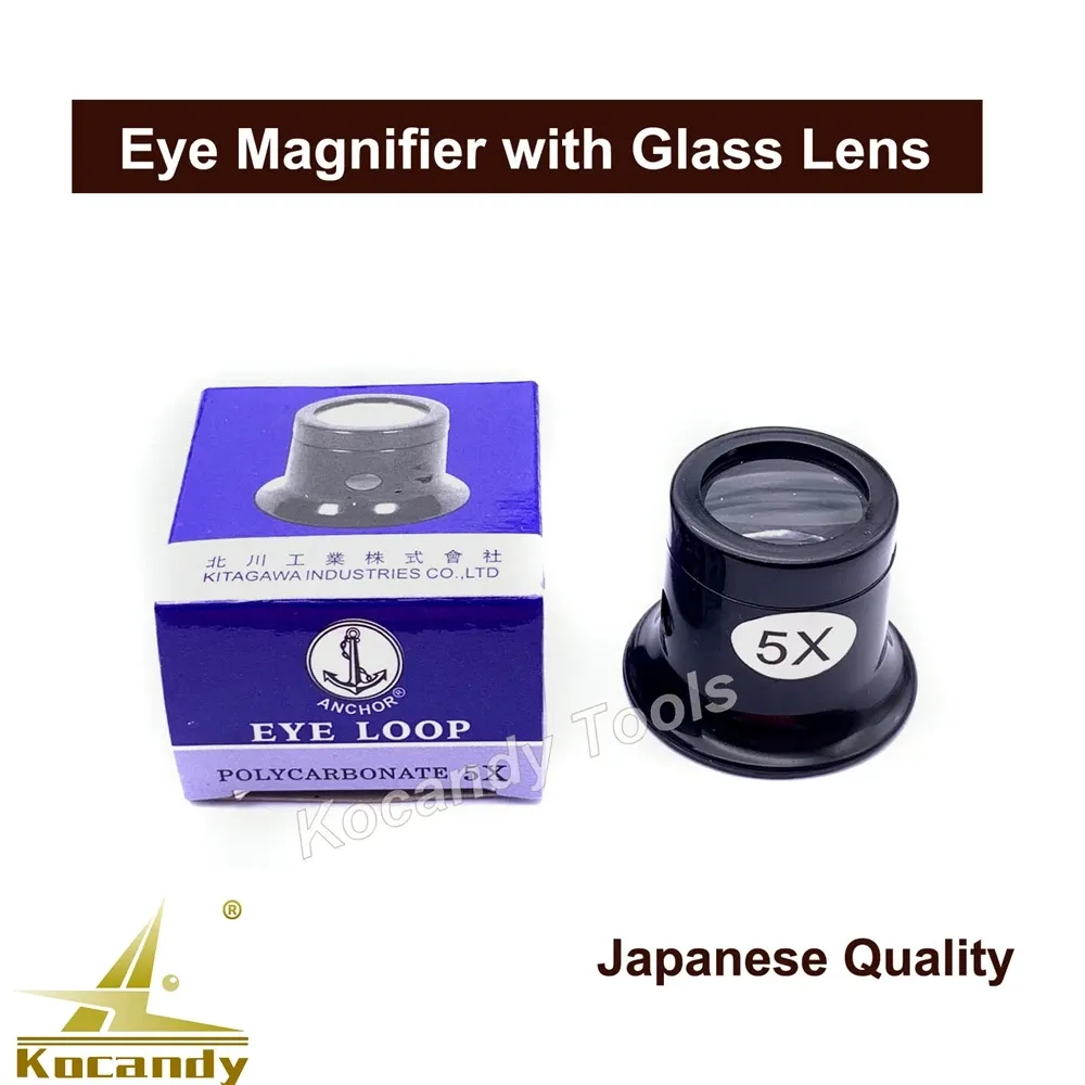 Black 10X loupe magnifier beside its blue and white retail box