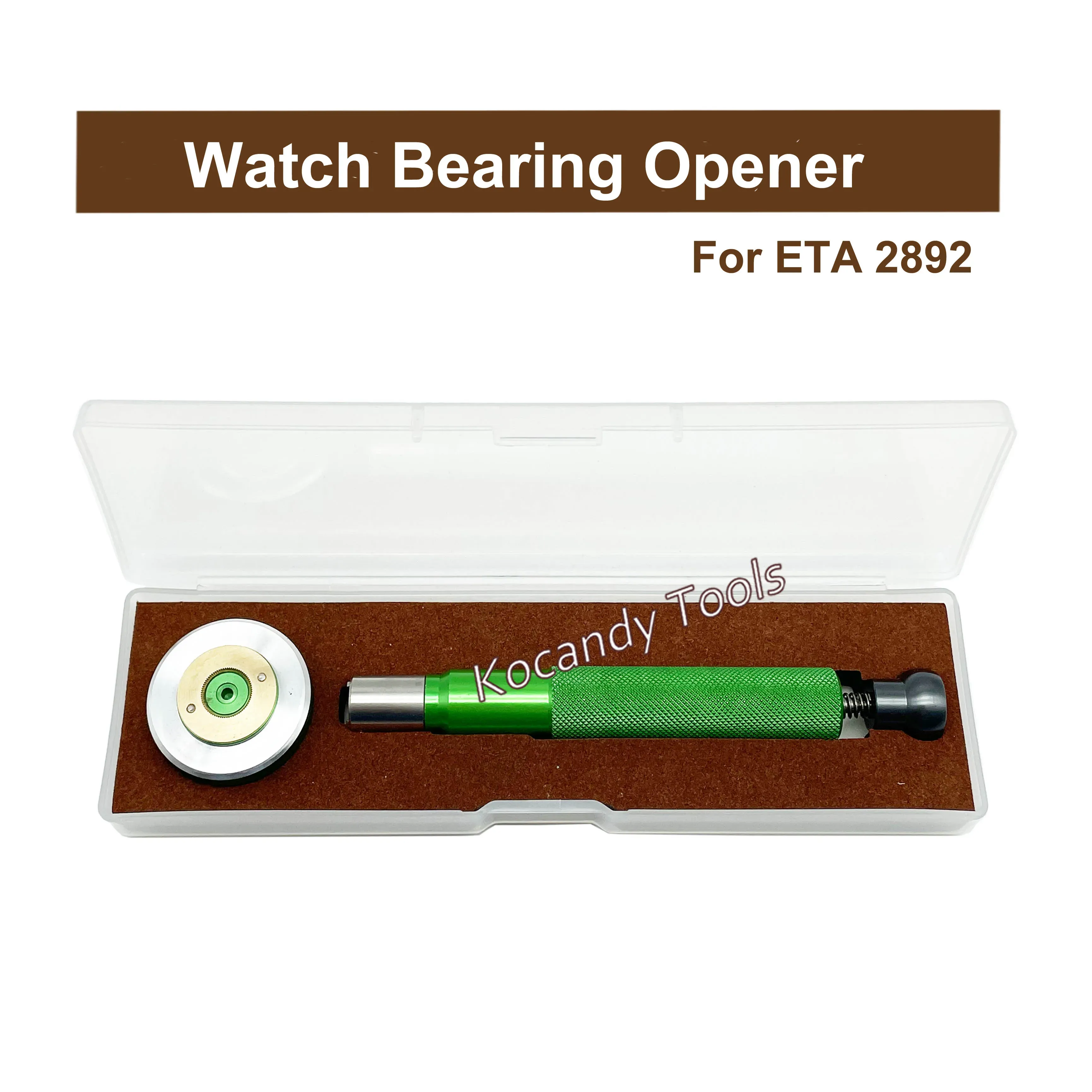 Green ETA 2892 bearing opener in its black case with round die