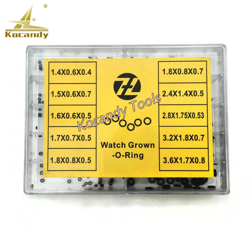 Yellow labelled card of crown O-rings inside a clear plastic box