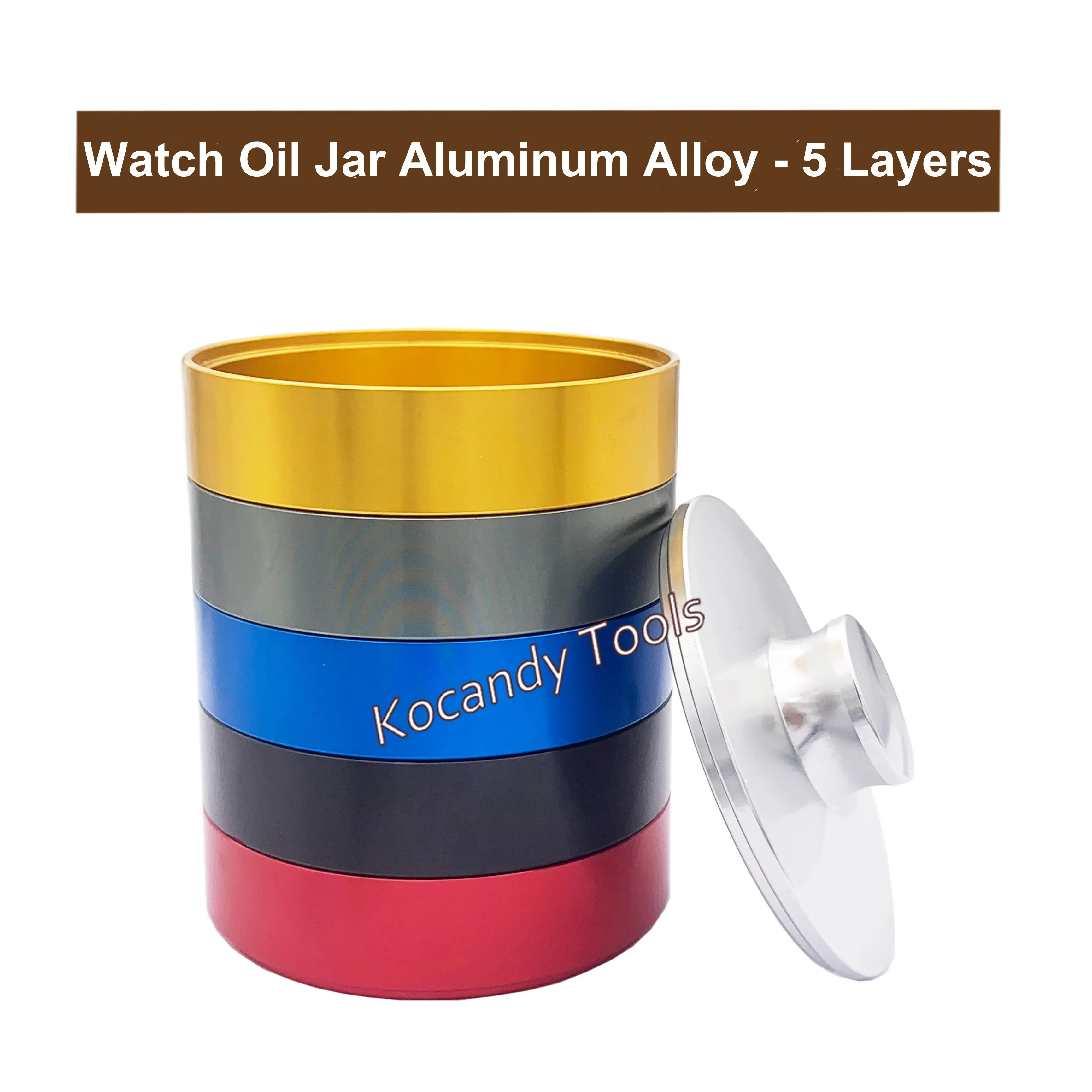 Stacked five-layer aluminium washing jar in gold red and blue with lid