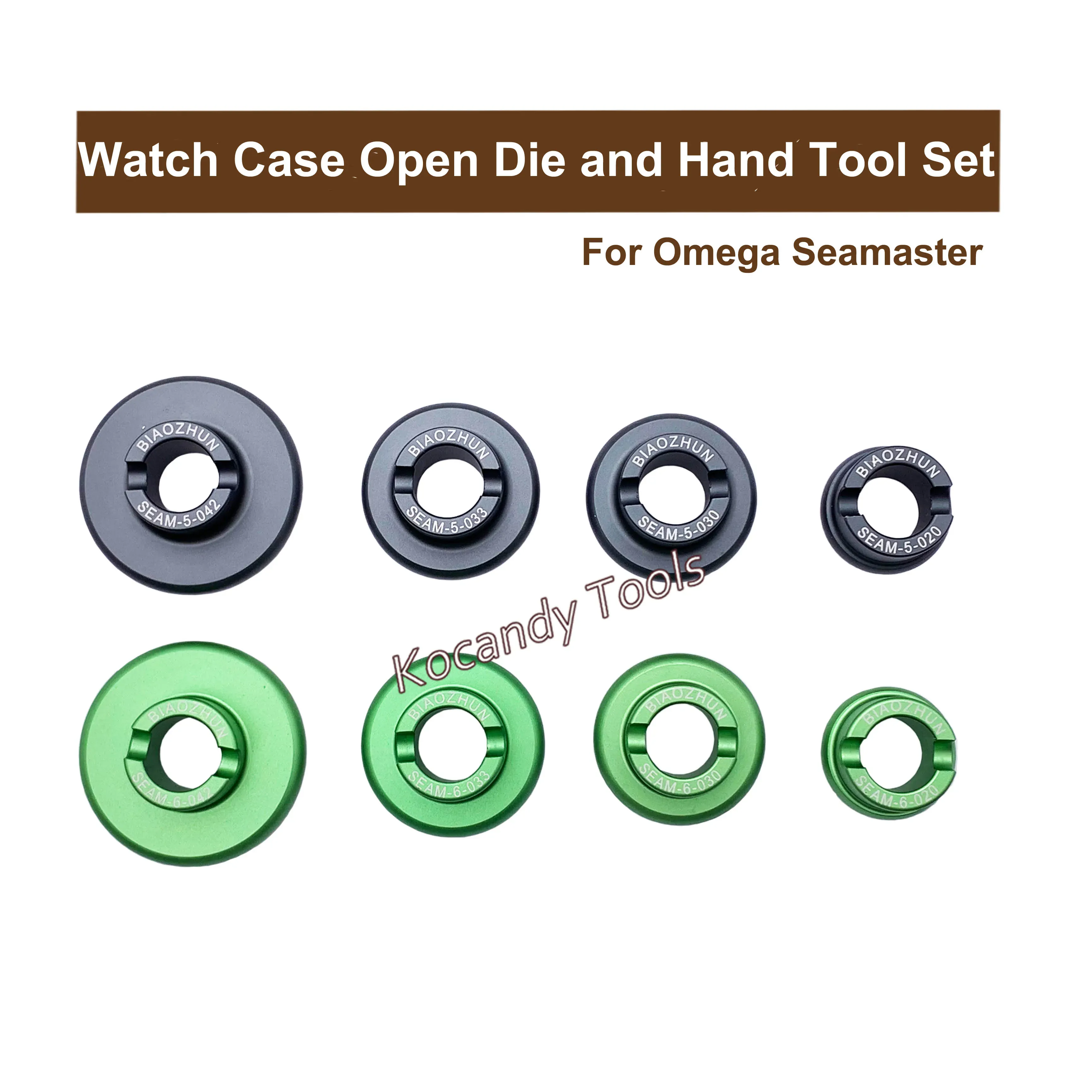 Six green watch case opener dies laid out in two rows of three