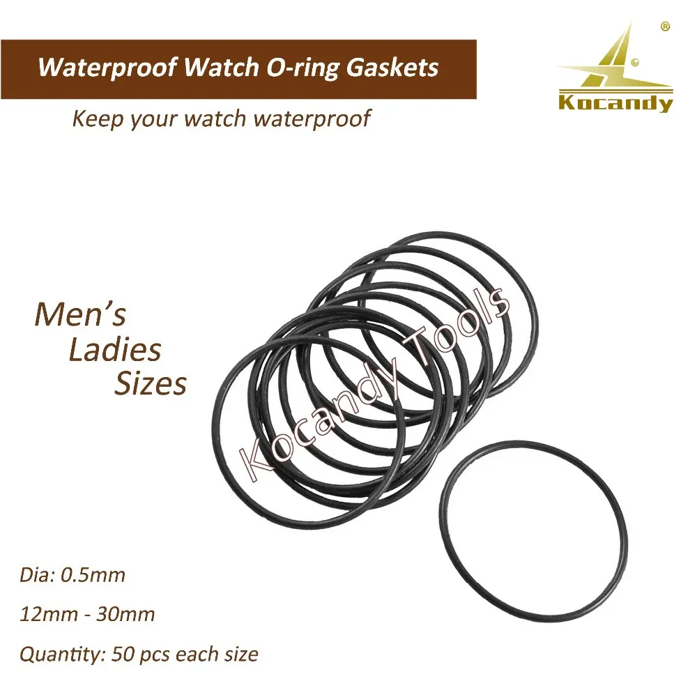 Black watch case gaskets in two groups labelled men's and ladies sizes