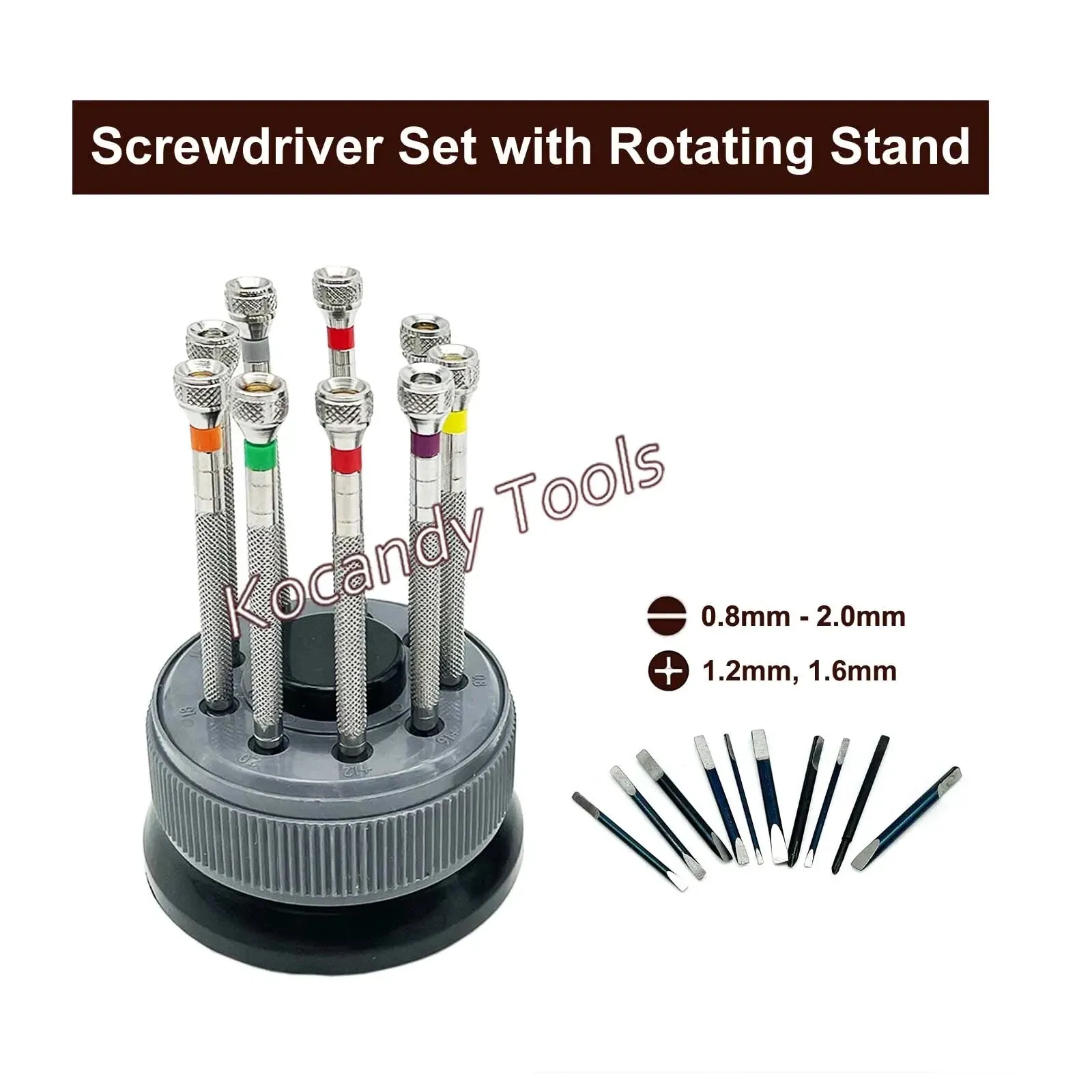 Screwdrivers arranged in a rotating stand with a fan of spare blades