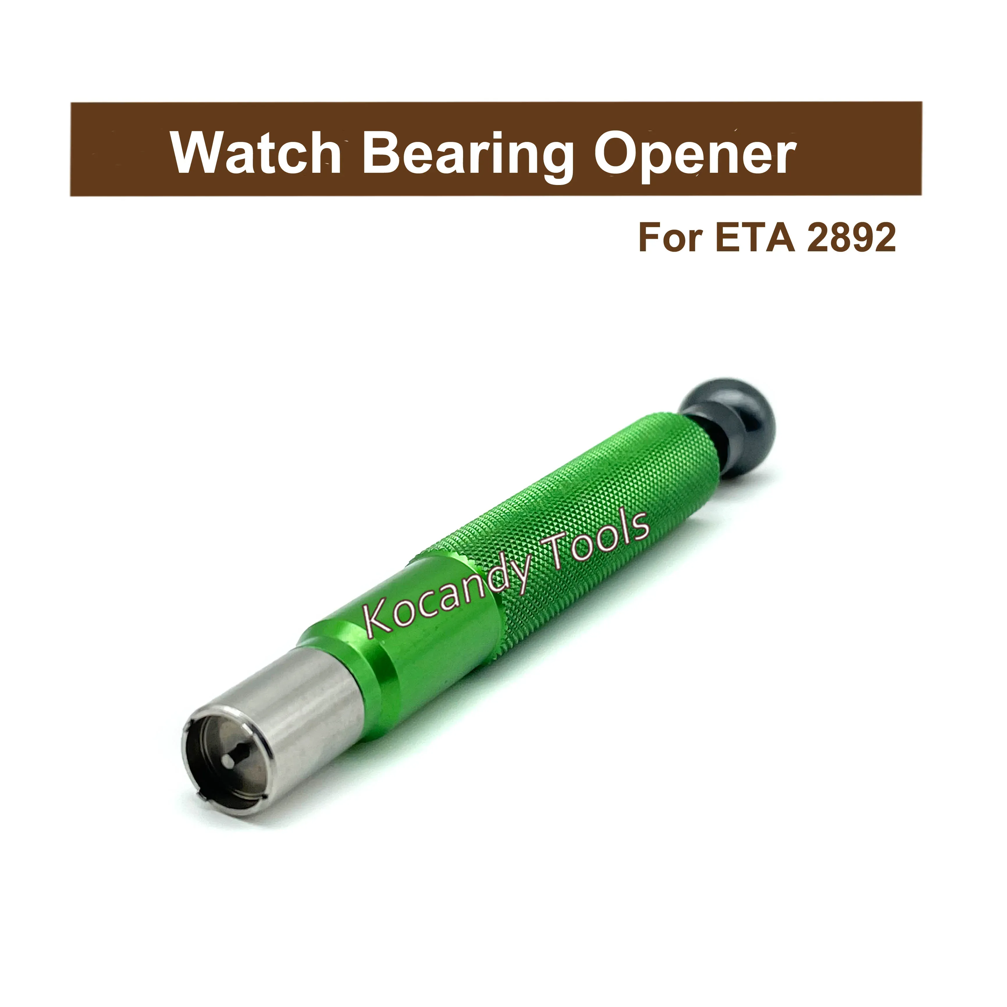 Green bearing opener tool with knurled handle end, angled view