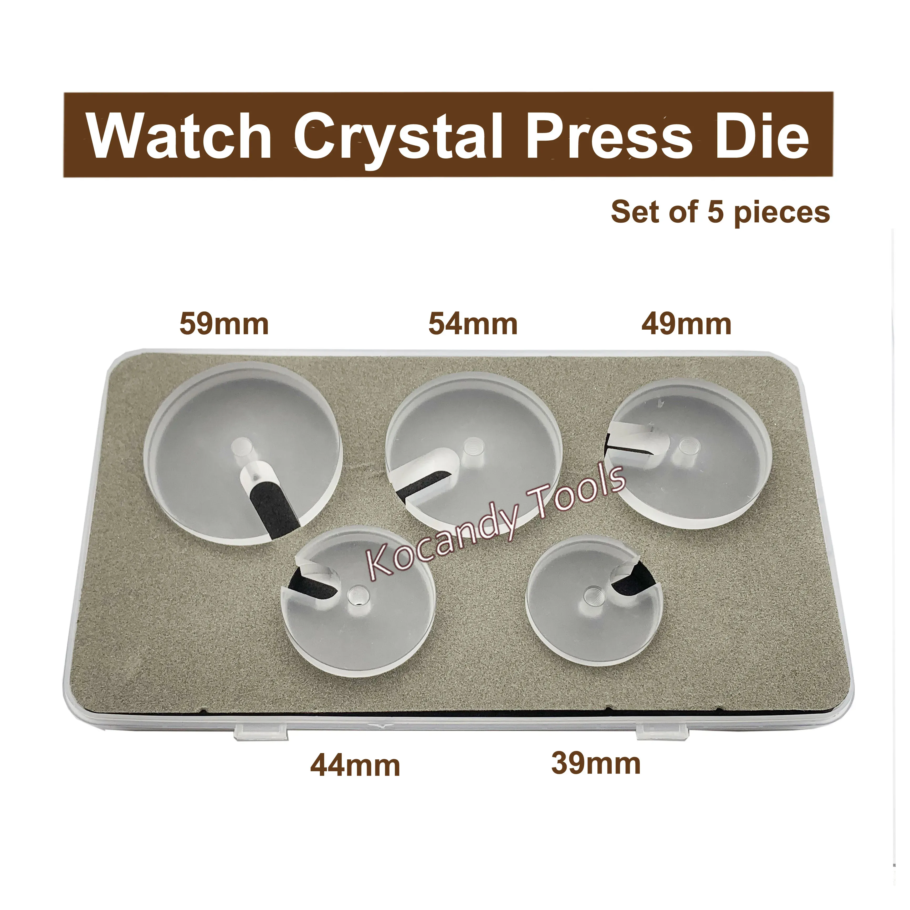 Five transparent acrylic crystal press dies laid flat, hole sizes 28, 38, 44, 48 and 54mm