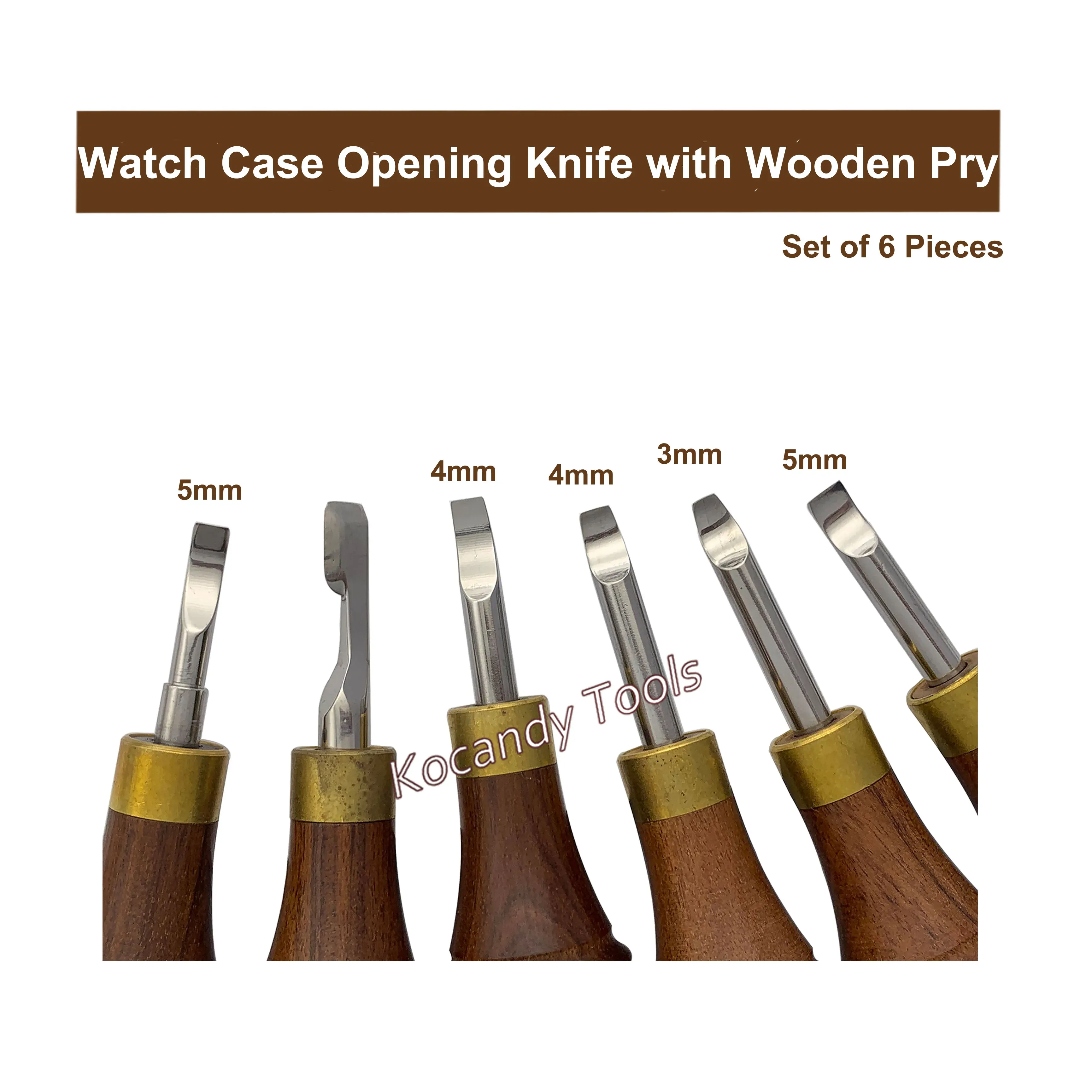 Fanned wooden-handle watch back opening knives with brass ferrules