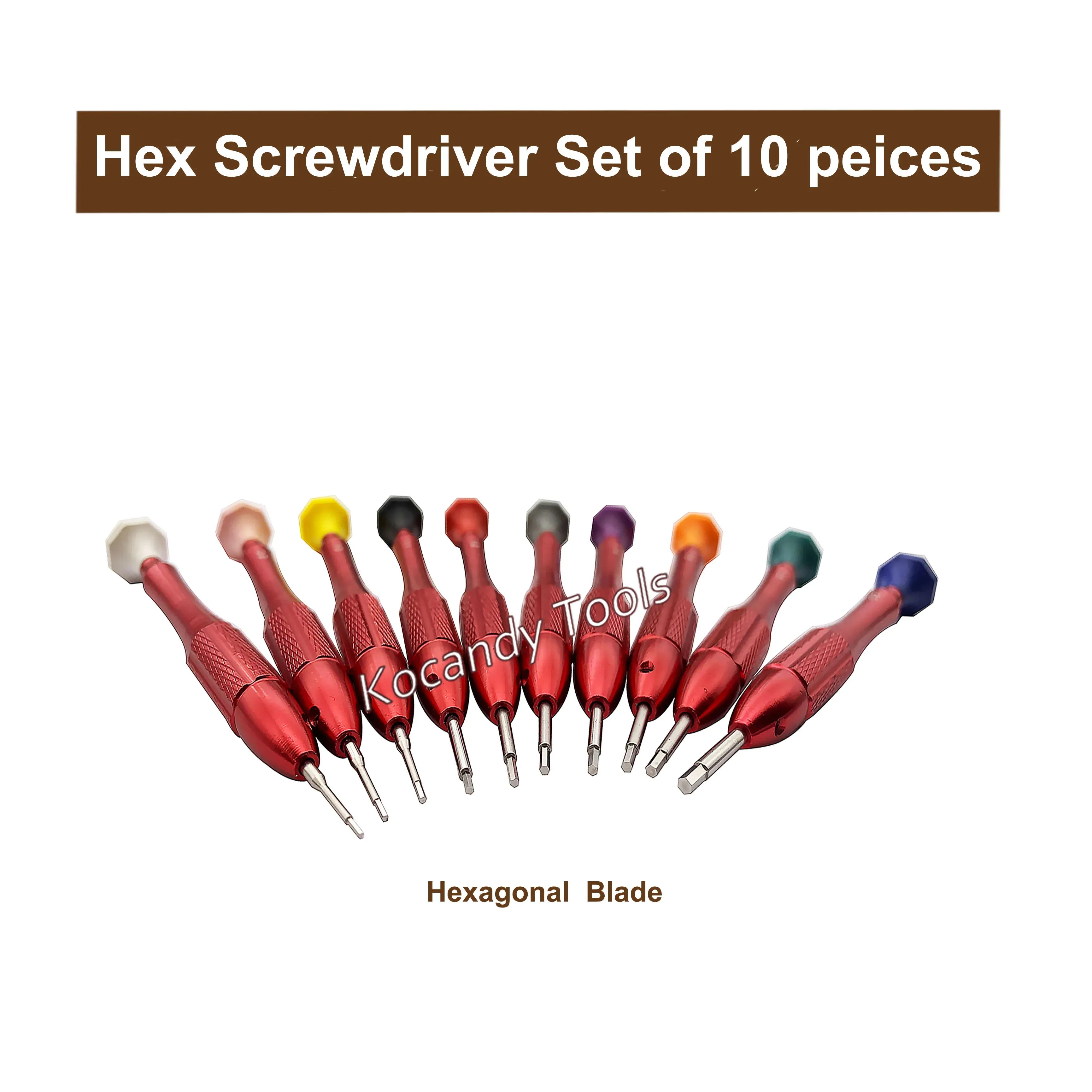 Hex screwdriver set fanned with triangular blade tips visible