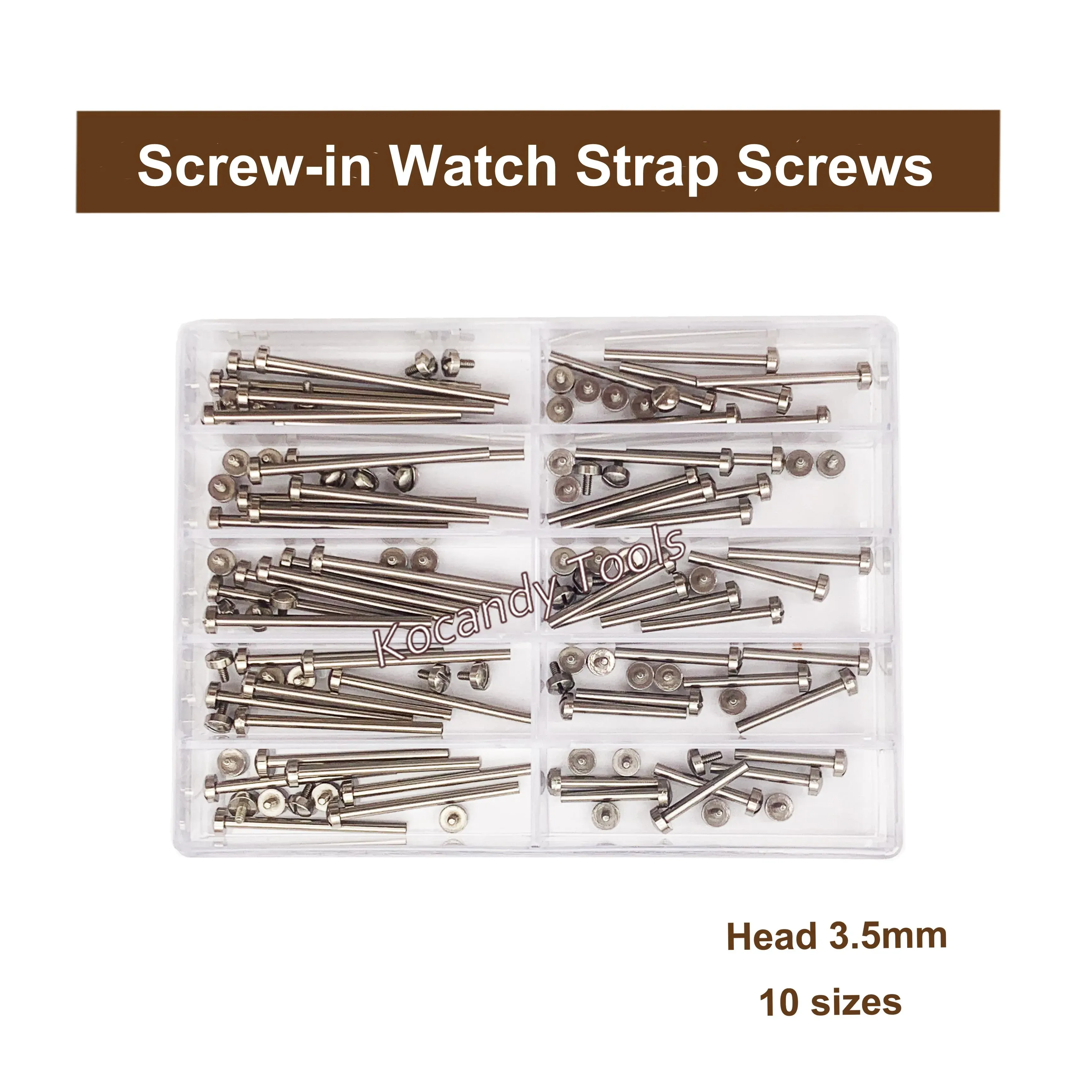 Clear compartment tray with dozens of assorted watch band screws
