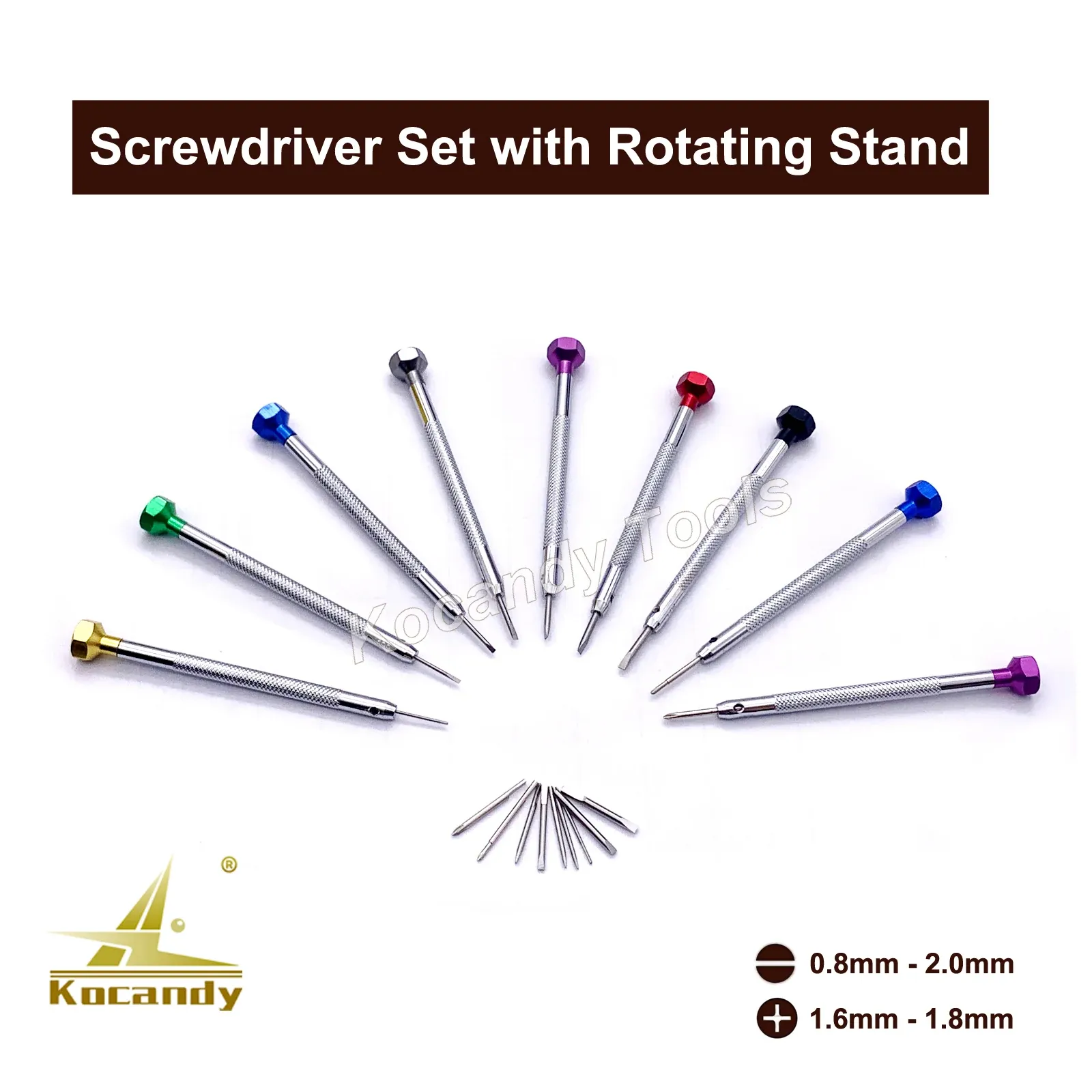 Fan of screwdrivers and spare tips arranged around a rotating stand
