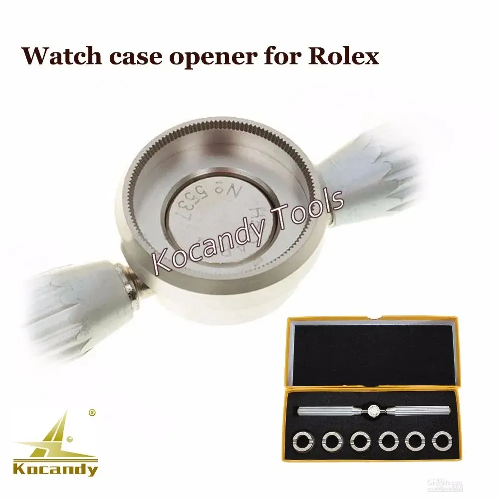 Watch case opener for Rolex with six dies on a stand and handle