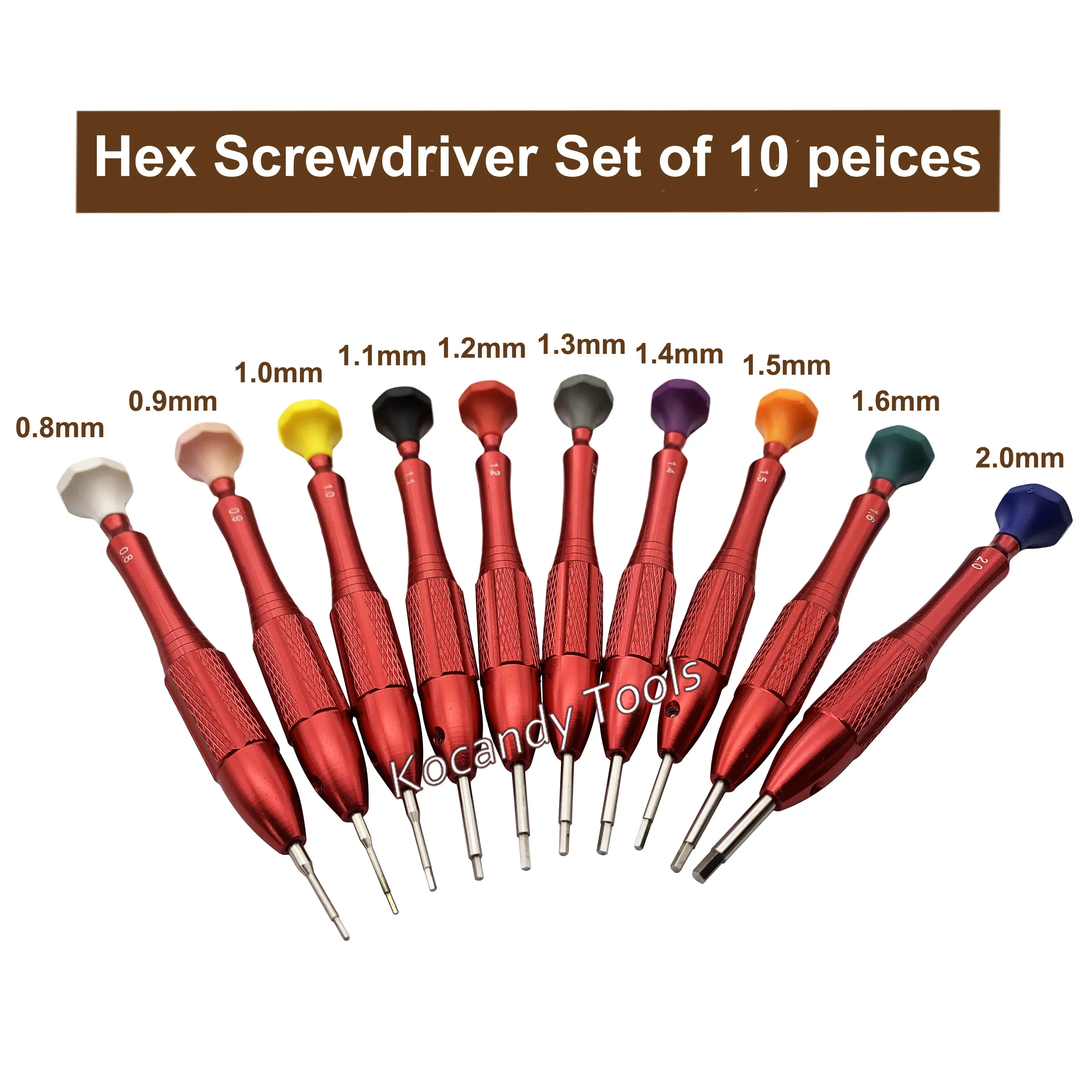 Ten red-handled hex screwdrivers fanned out beside a yellow label