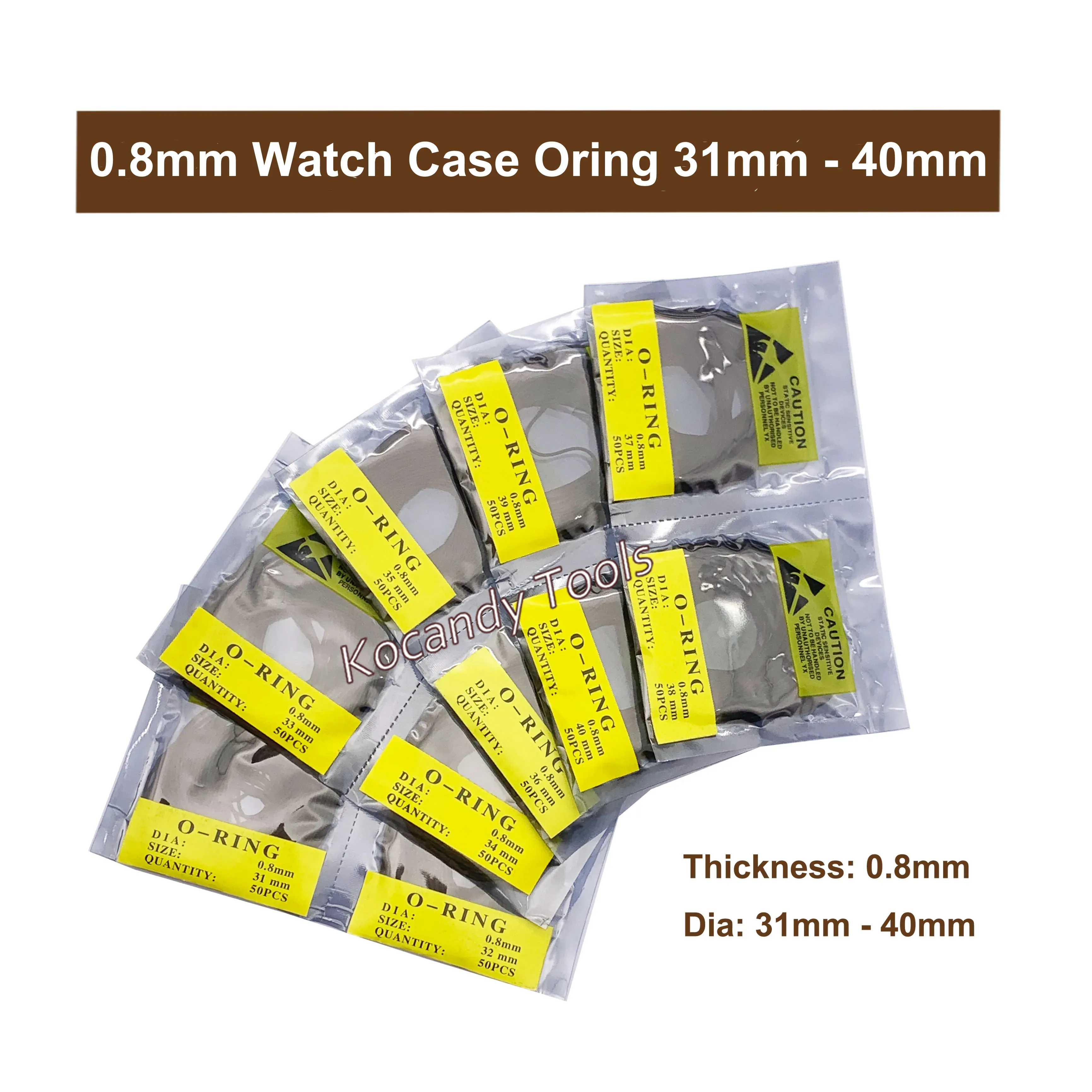 Fanned yellow gasket bags arranged in an arc, 31mm to 40mm