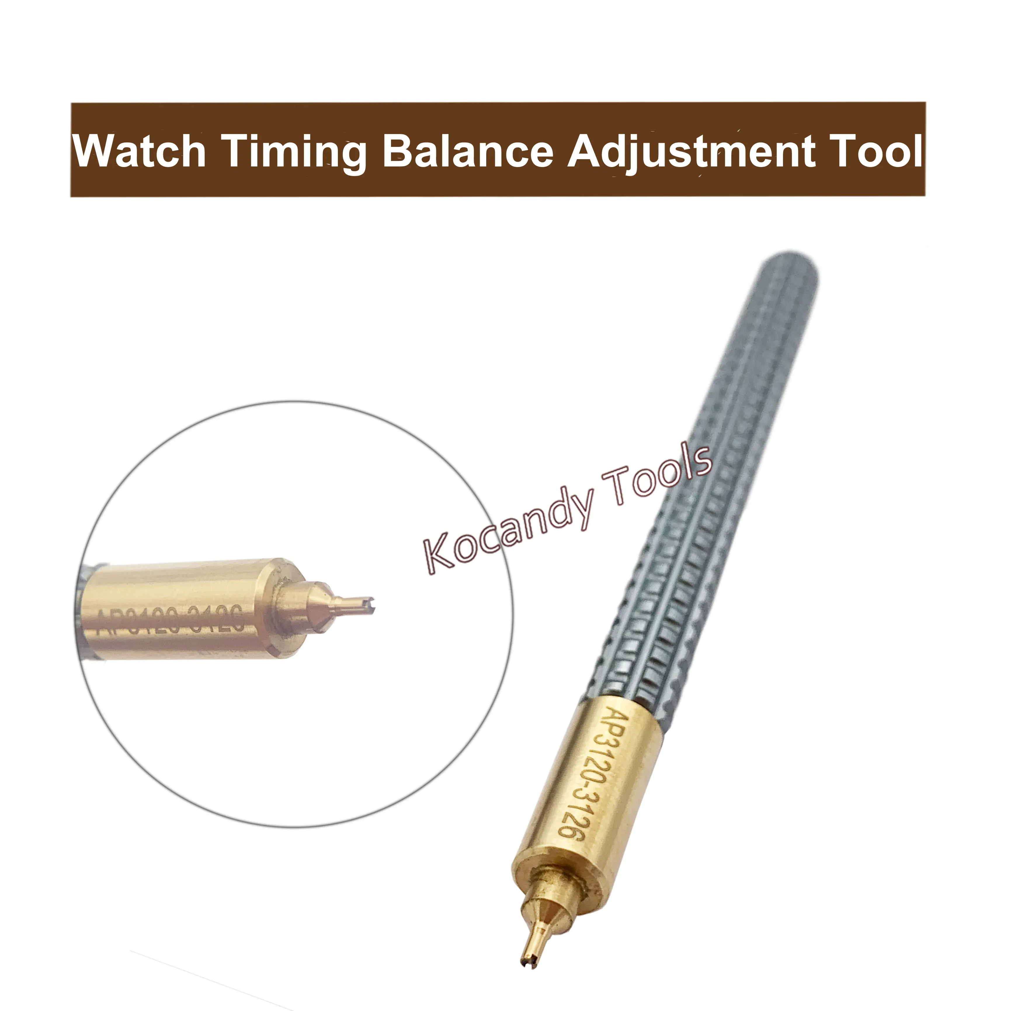 Tool shown with a magnified inset of its balance screw tip