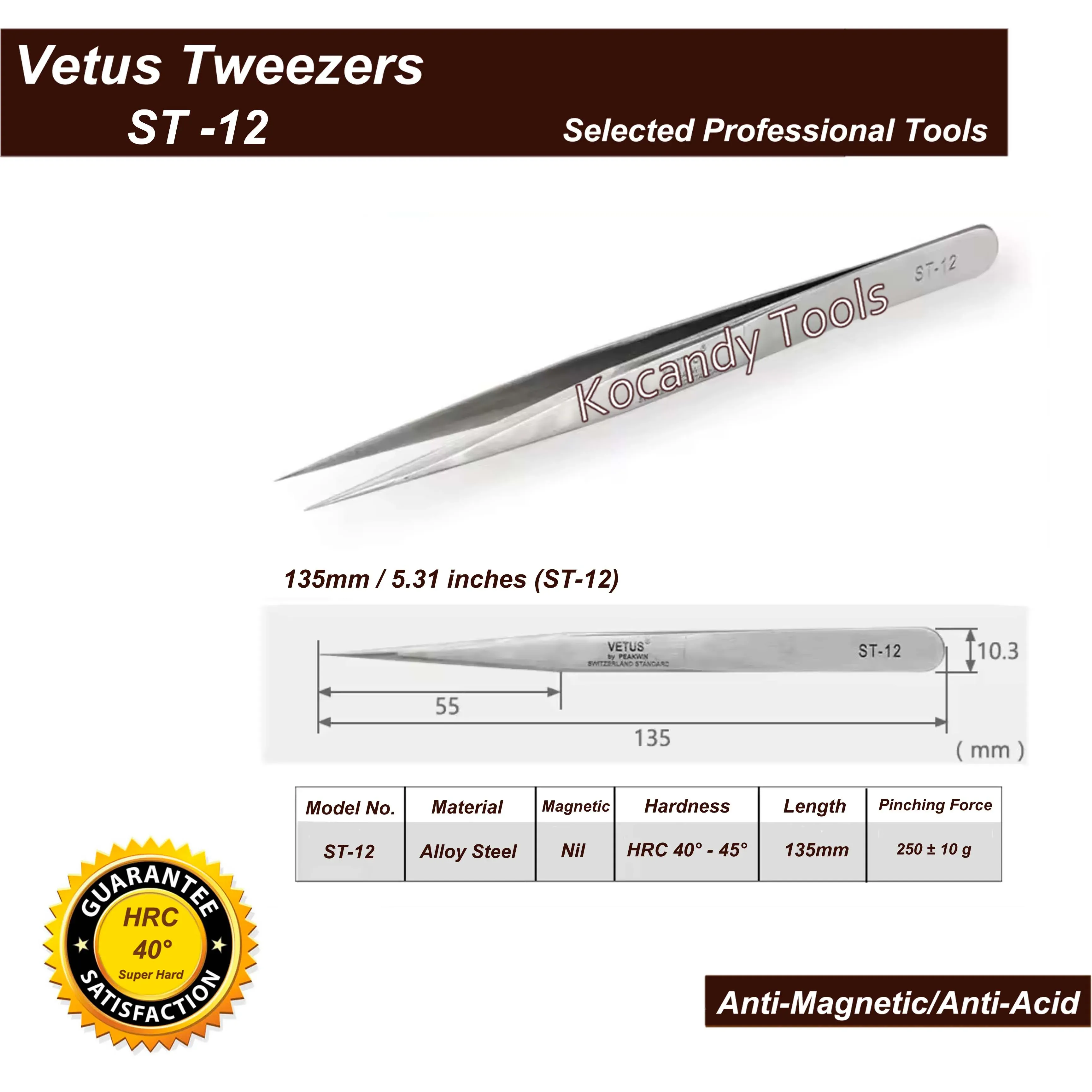 Tweezers shown above a small chart of ST series models