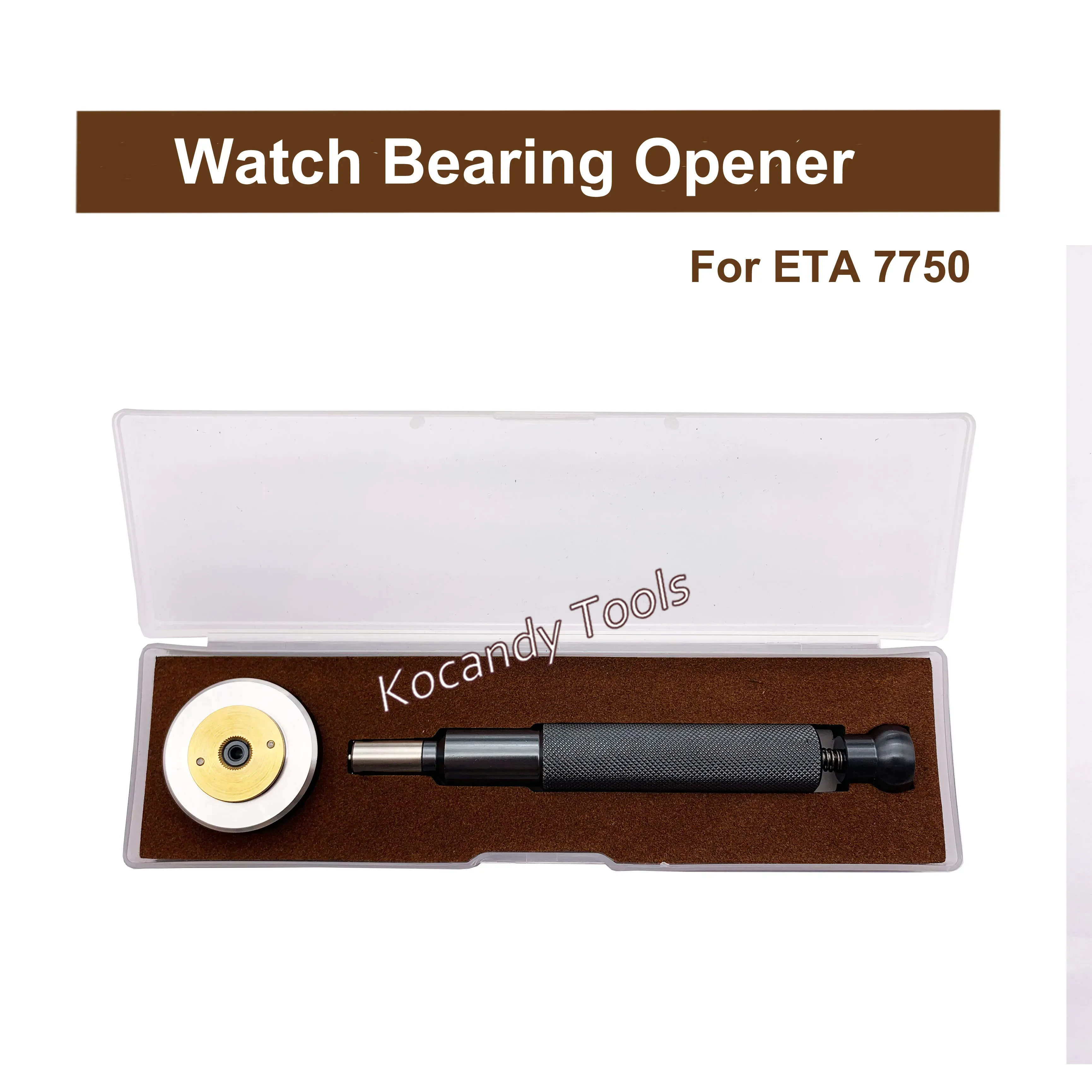 Black case holding the ETA 7750 bearing opener and two round dies