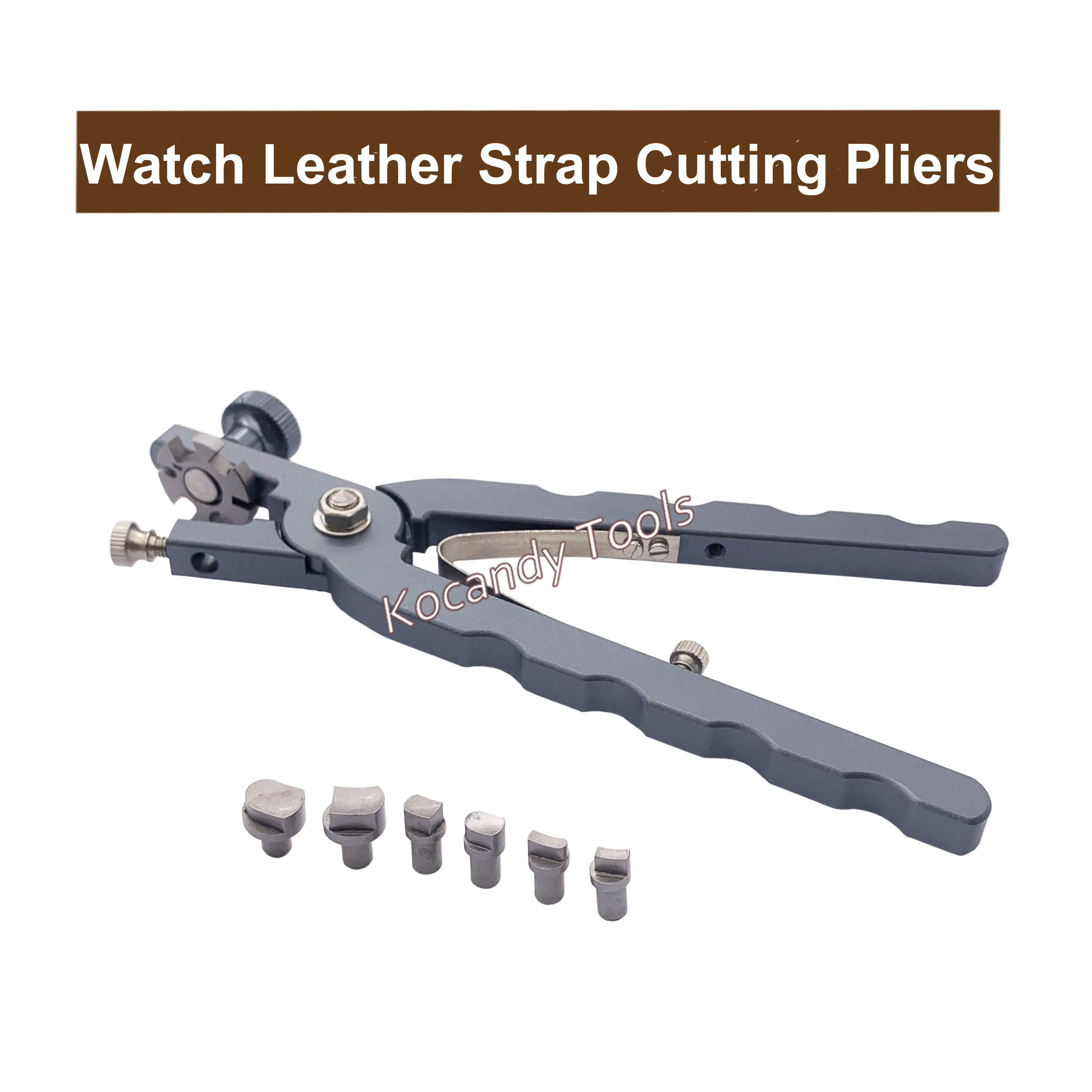 Strap cutter pliers with a row of spare cutting dies below