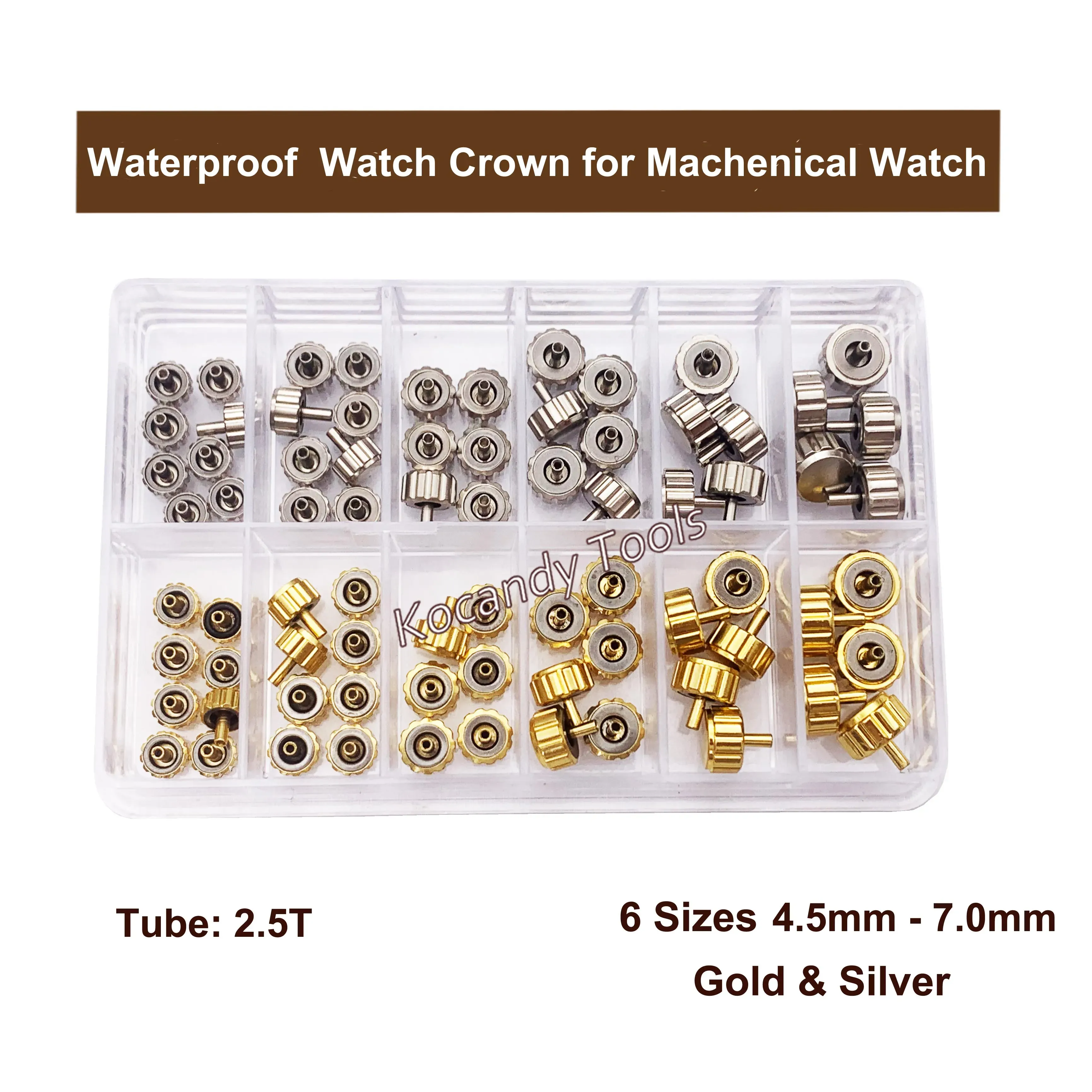 Assorted gold and silver crowns in a bag, six sizes 4.5 mm to 7.0 mm