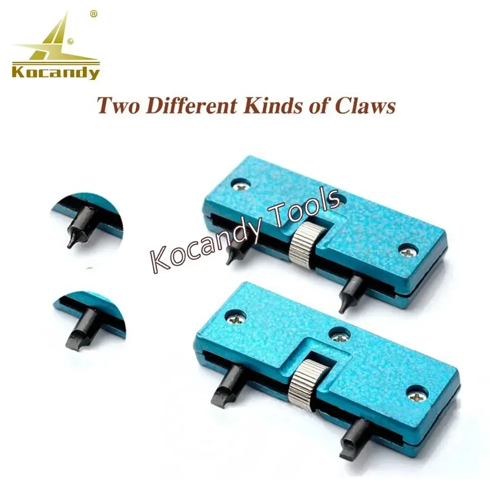 Two blue metal opener claws of different shapes shown separately
