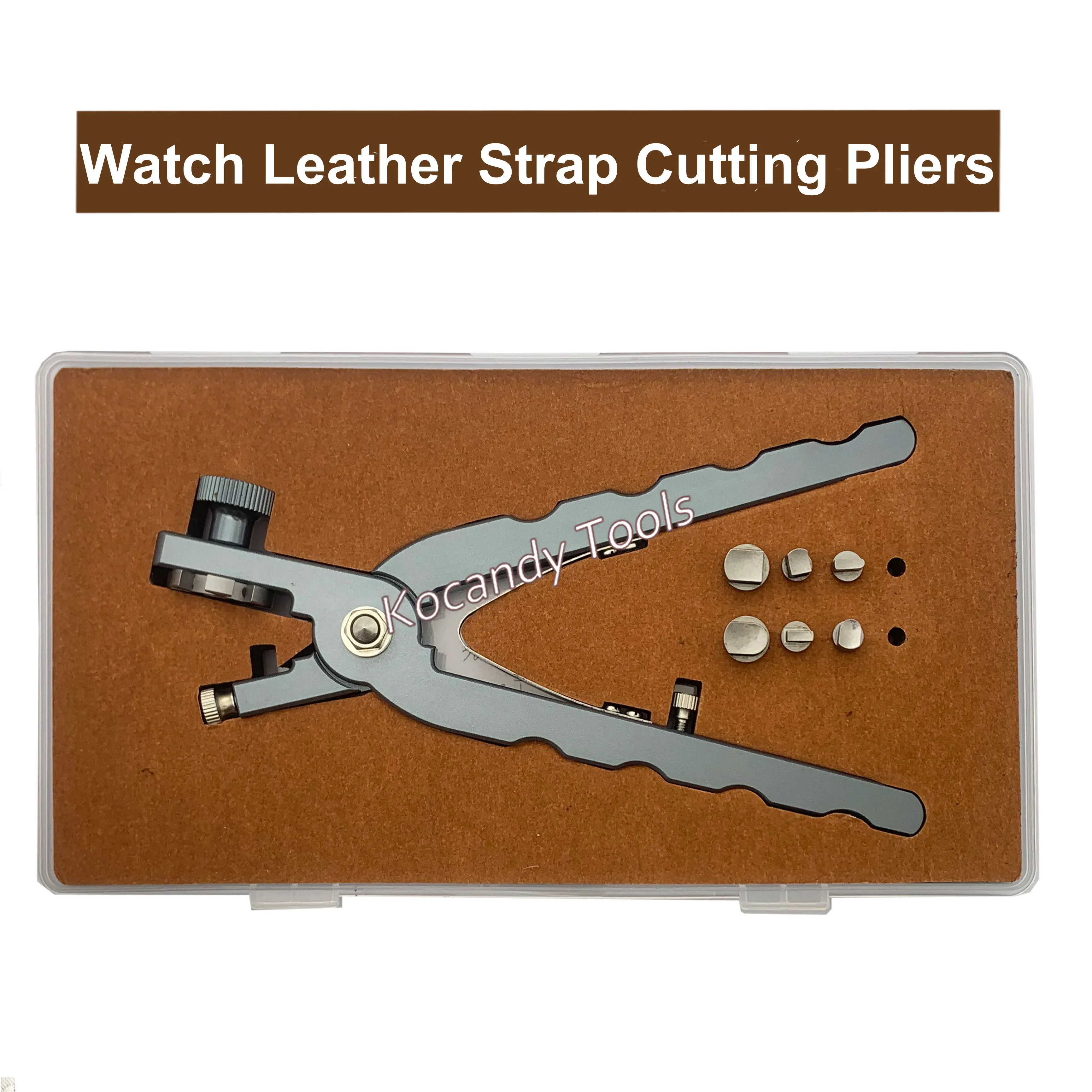 Strap cutting pliers lying on a wooden board beside round cutting dies